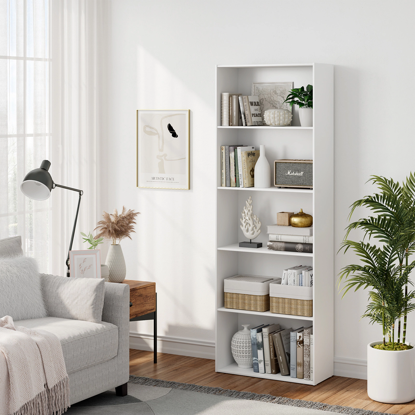 SUGIFT 5-Shelf Modern Engineered Wood Storage Bookcase 24 x 9.5 x 67-in Display Cabinet 45-lb Tier Capacity White