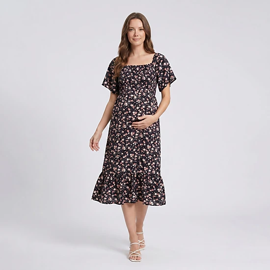 Anna-Kaci Women's Maternity Floral Square Neck Short Sleeve Ruffle Hem Midi Dress