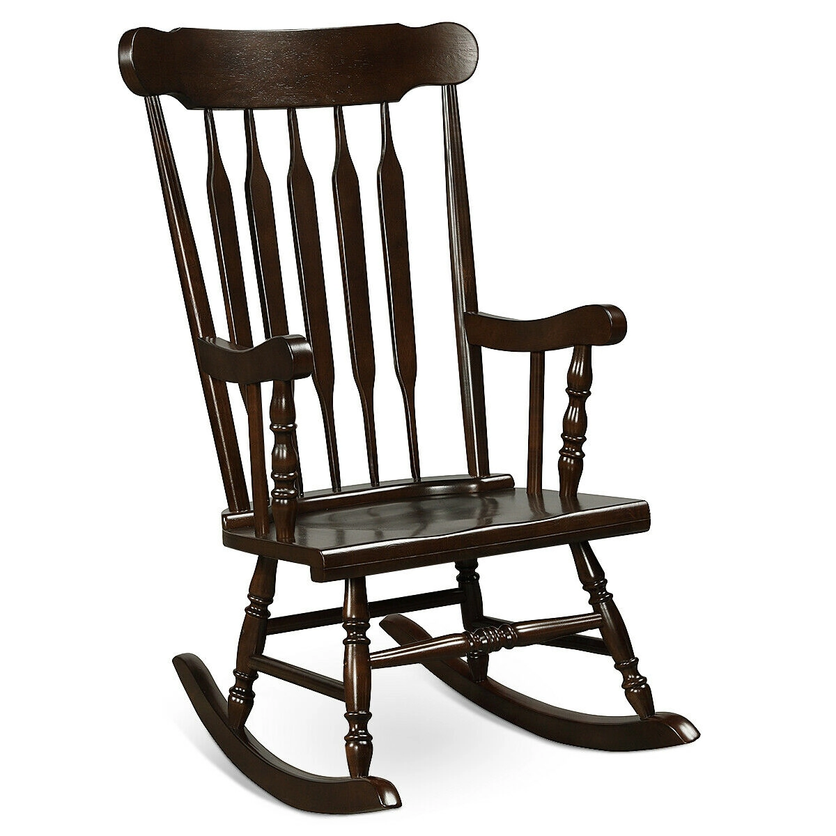 SUGIFT 300-lb Capacity Brown Solid Rubber Wood Indoor Outdoor Rocking Chair with Slatted Back and Curved Armrests