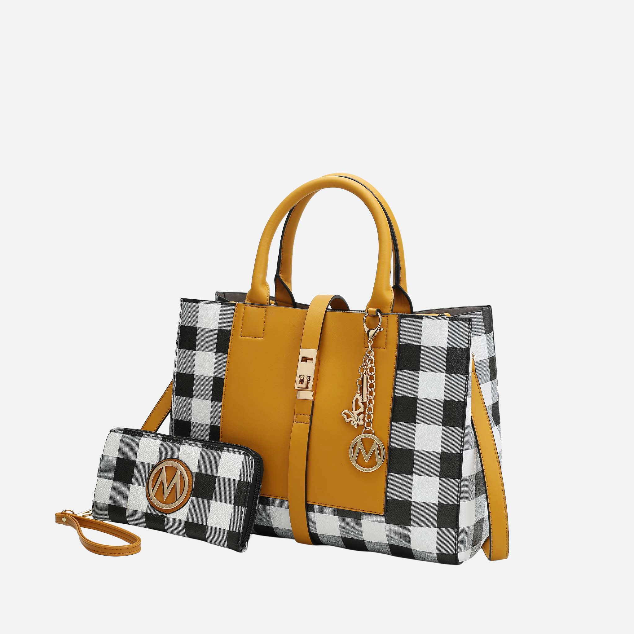 MKF Collection Yuliana Checked Satchel with Matching Wallet - Vegan Leather, Gold-Tone Hardware