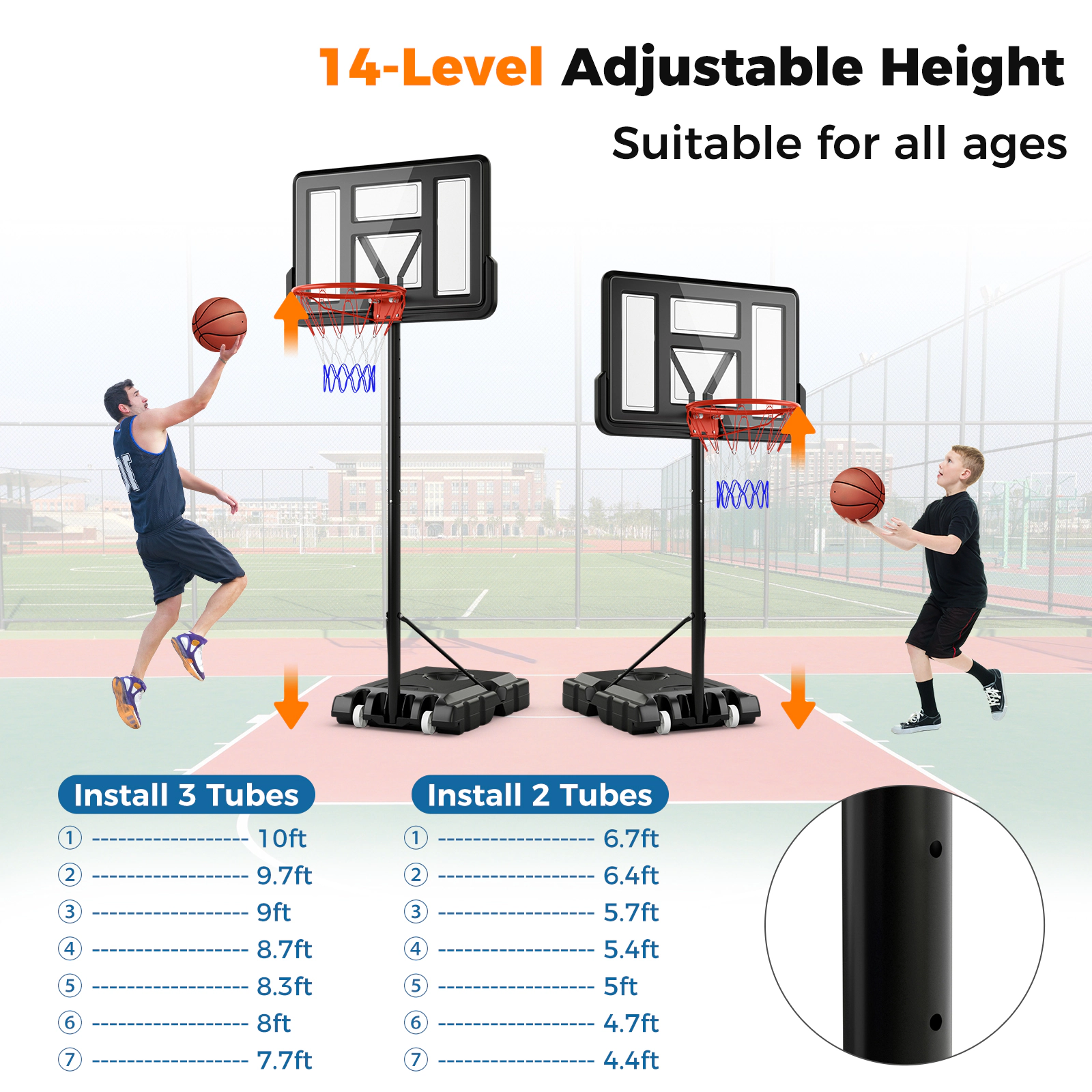 SUGIFT Black Portable Basketball Hoop with 44-in Shatterproof Backboard and 2 Wheels 4.4-ft to 10-ft H 18-in Rim