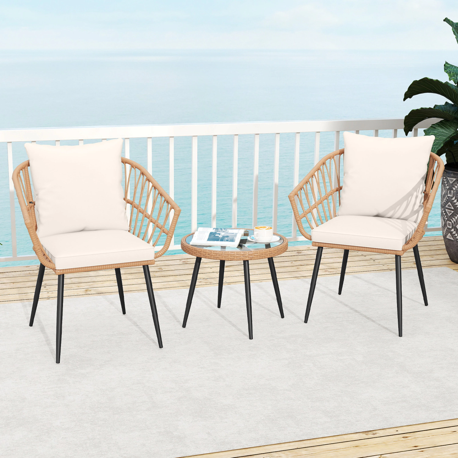 LJG 3 Piece Patio Bistro Set with PE Rattan Wicker Chairs and Tempered Glass Coffee Table