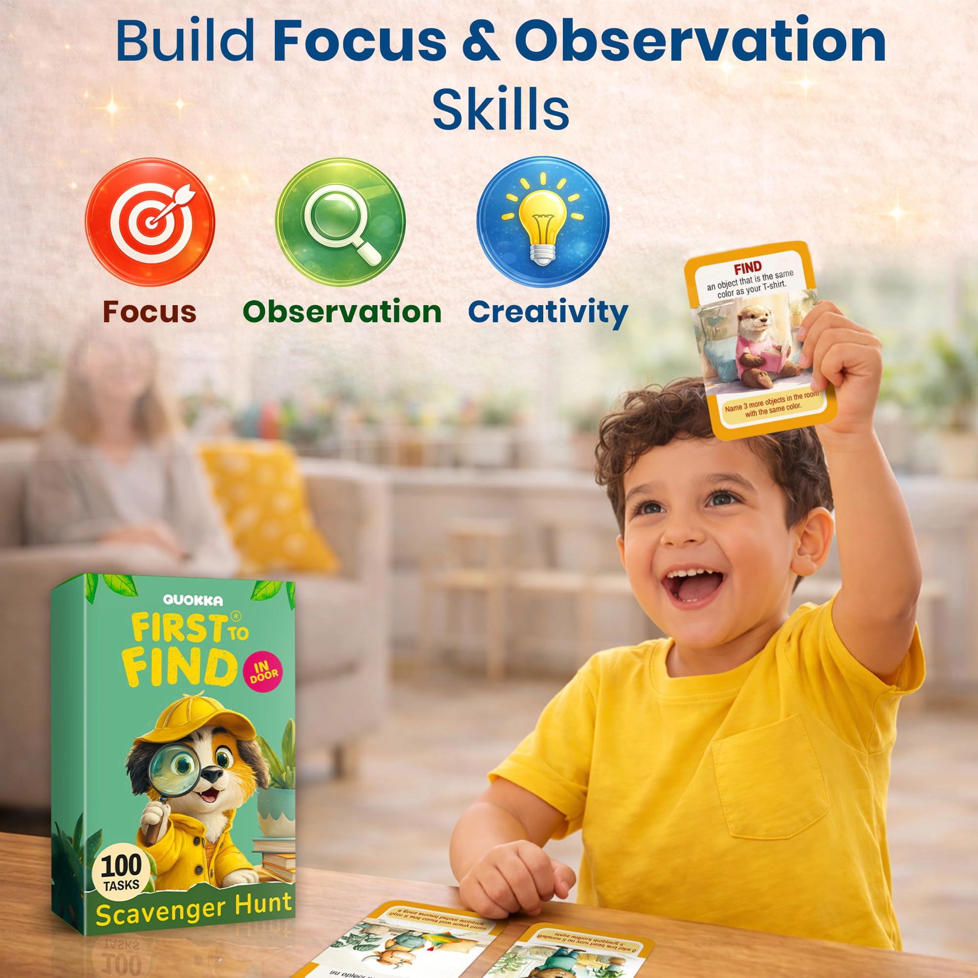 QUOKKA Kids Activity Card Game Set Ages 4-8, 4-in-1 Indoor & Outdoor Games with 450 Challenges