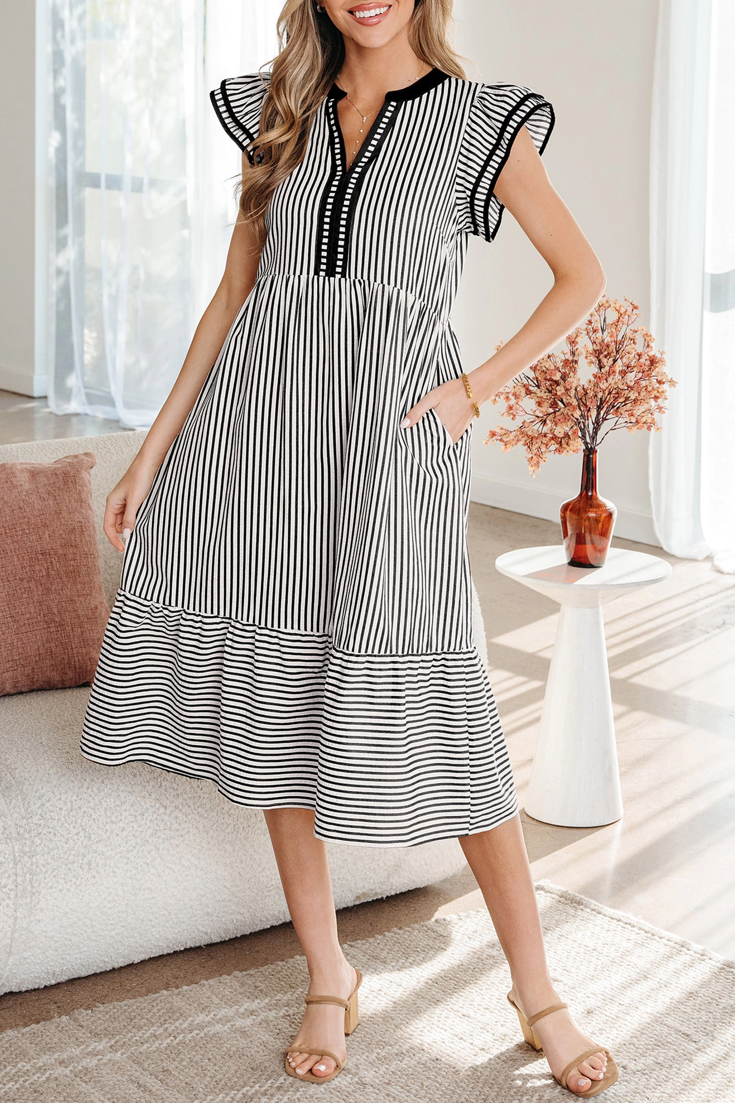 Threaded Pear Womens Opal Contrast Trim Midi Dress