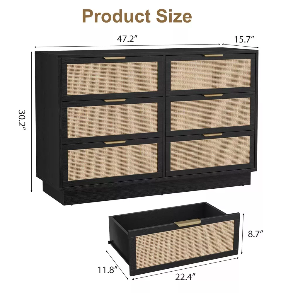 Rattan 6 Drawer Dresser with Metal Handles, 47" Wide Double Storage Chest for Bedroom Home Office
