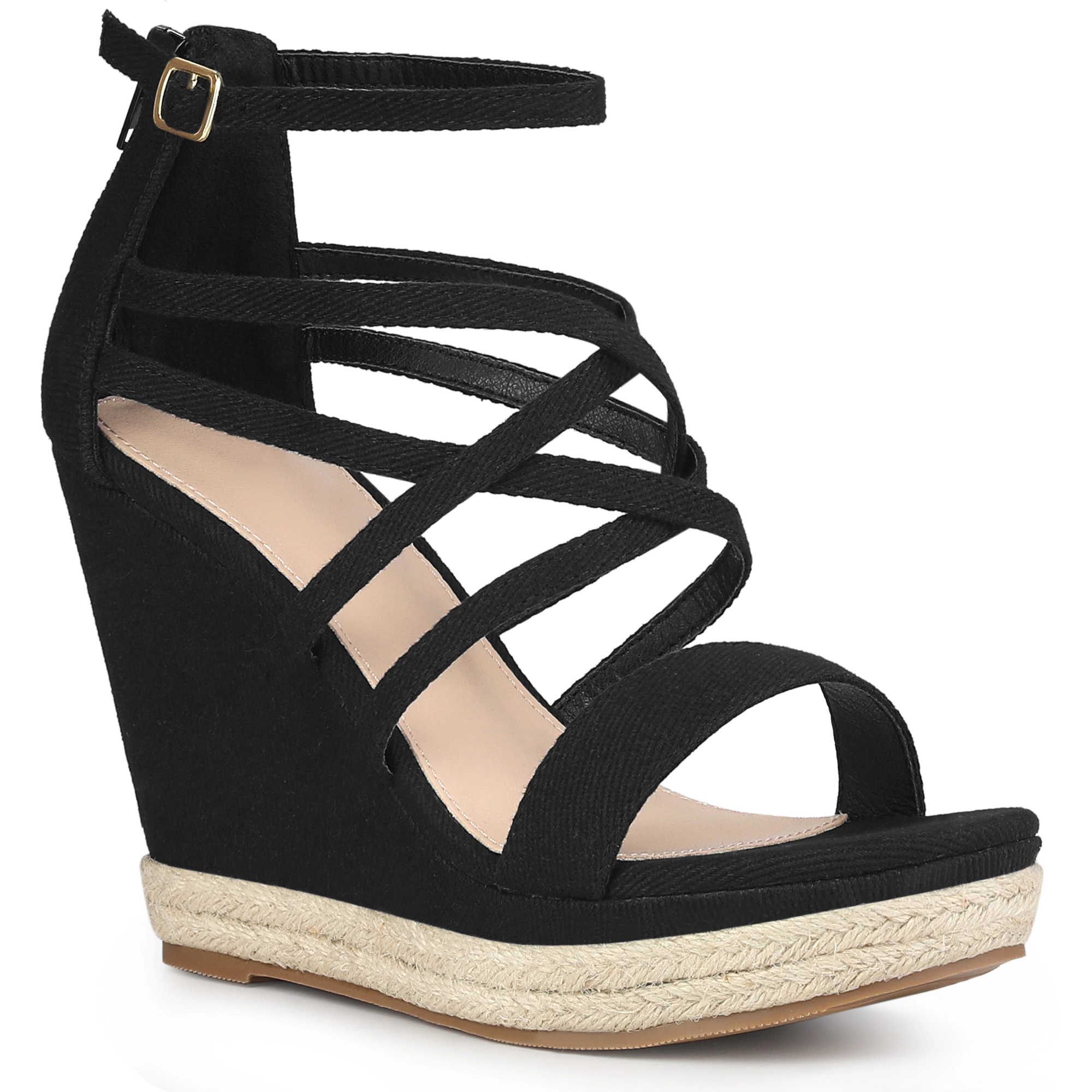 BLISSFUL STEP Women's Denim Strappy Platform Wedge Heel Sandals