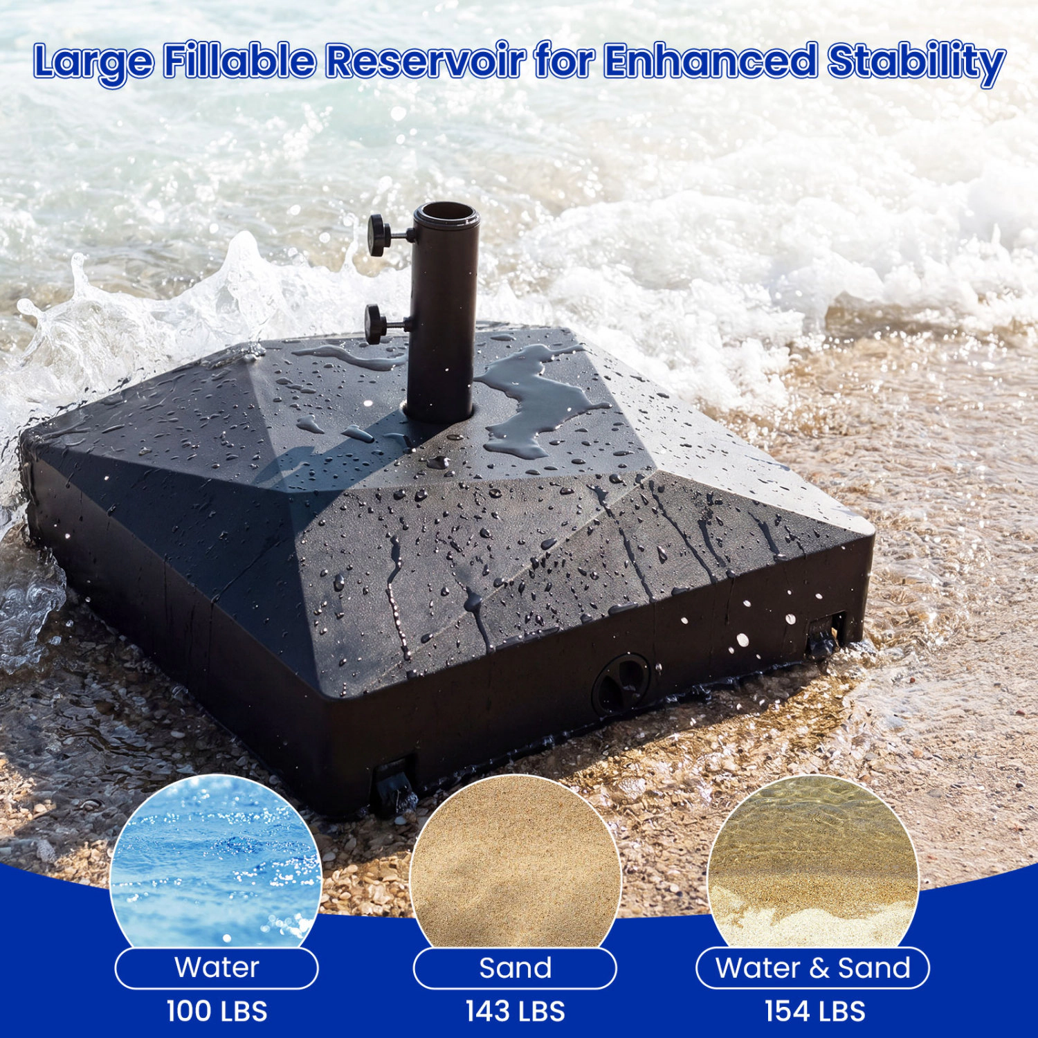SlickBlue Outdoor Umbrella Base with Wheels 100 lb Water Fill for 6–10 ft Market Umbrellas Black