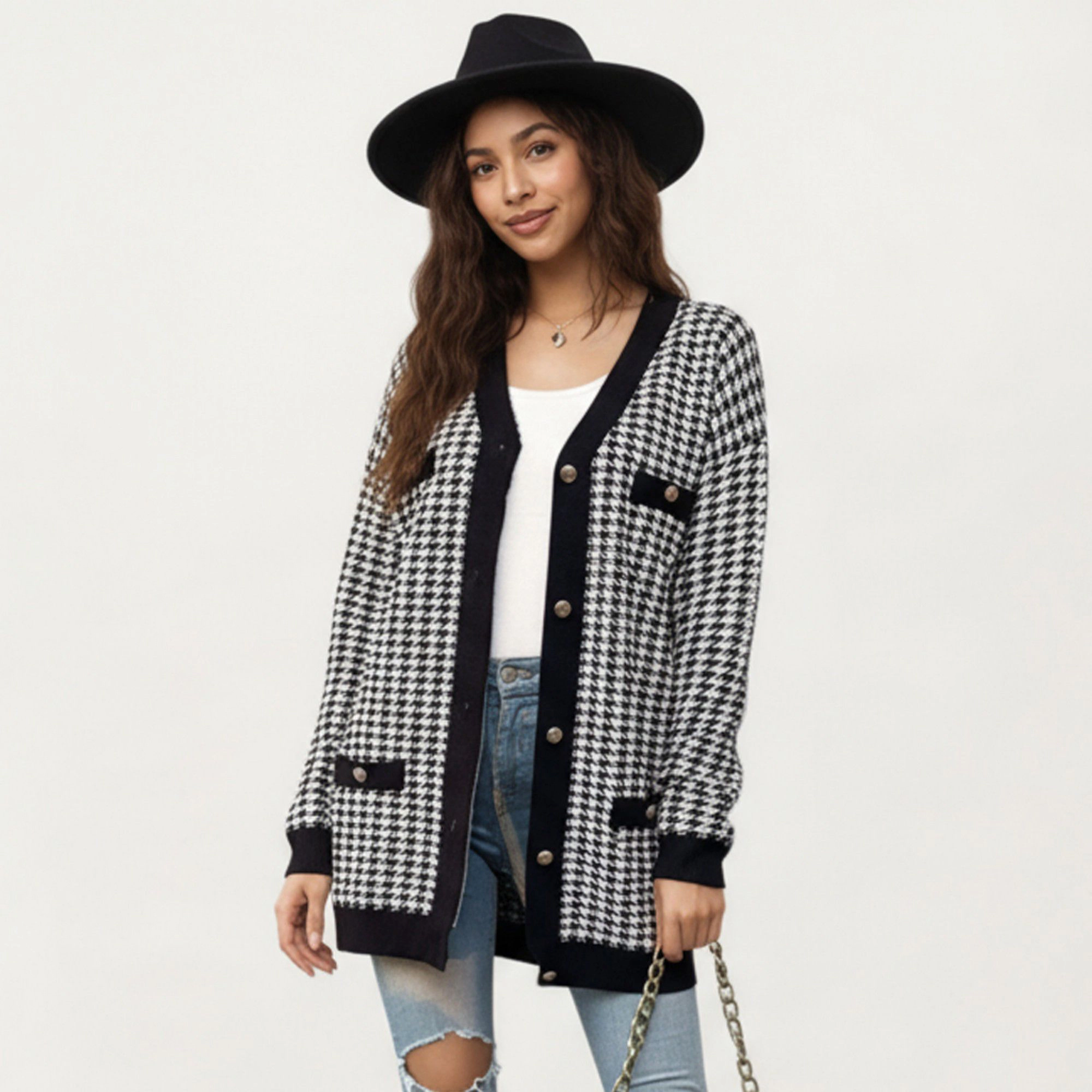 Anna-Kaci Women's Long Sleeve Houndstooth Knit Cardigan with Button Front and Pocket Detail