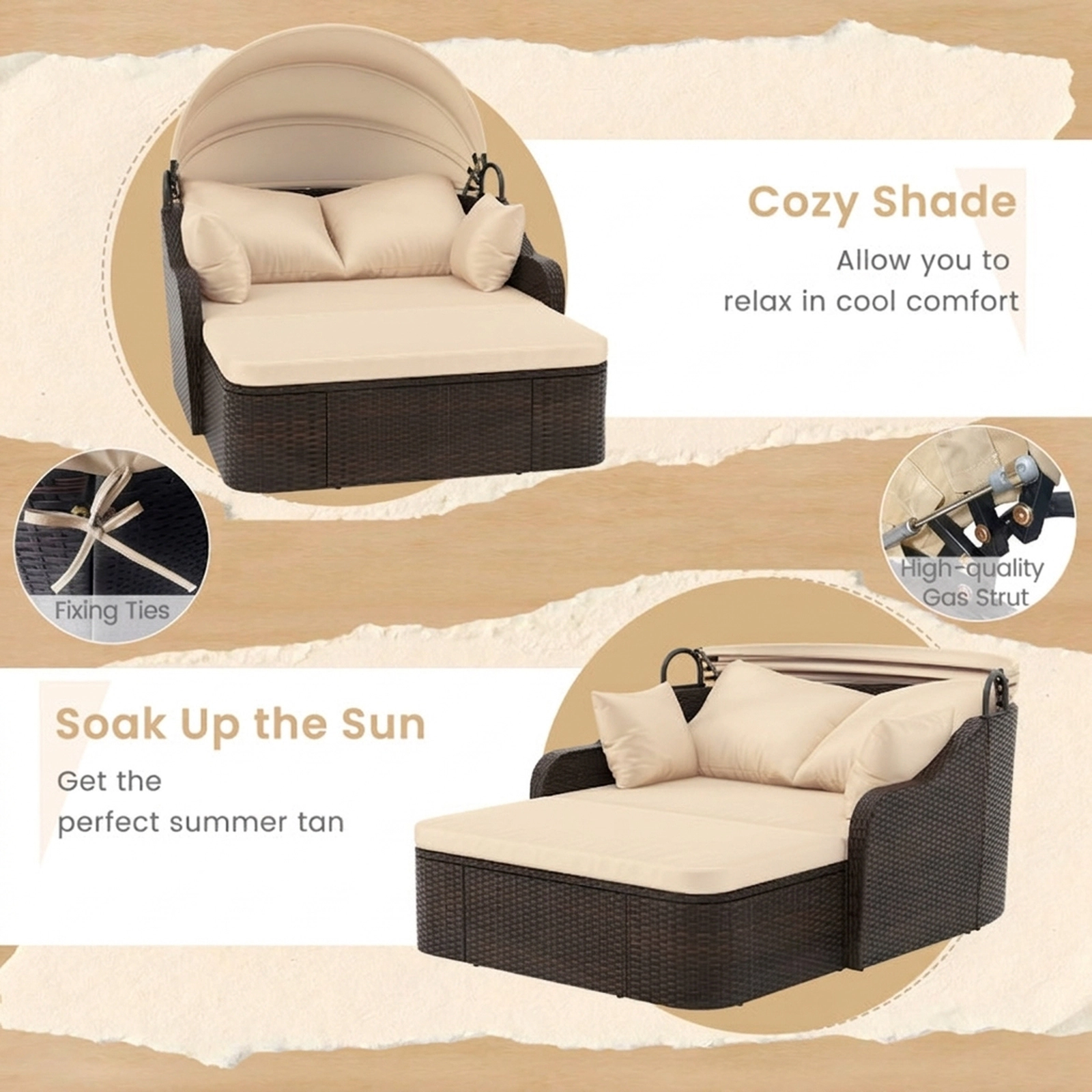 SUGIFT Beige Retractable Canopy and 6 ft Lying Area Patio PE Rattan Daybed
