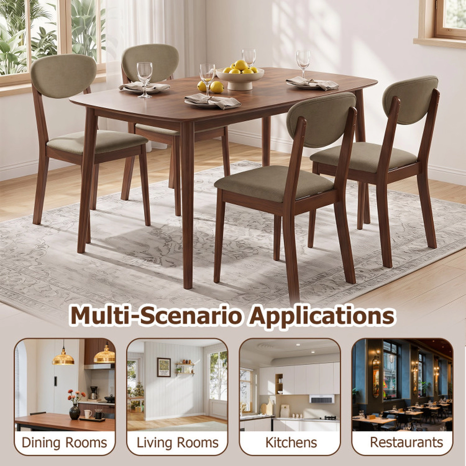 SUGIFT Set of 4 330-lb Capacity Brown Angled Padded Back Linen Dining Chairs with Solid Rubber Wood Legs