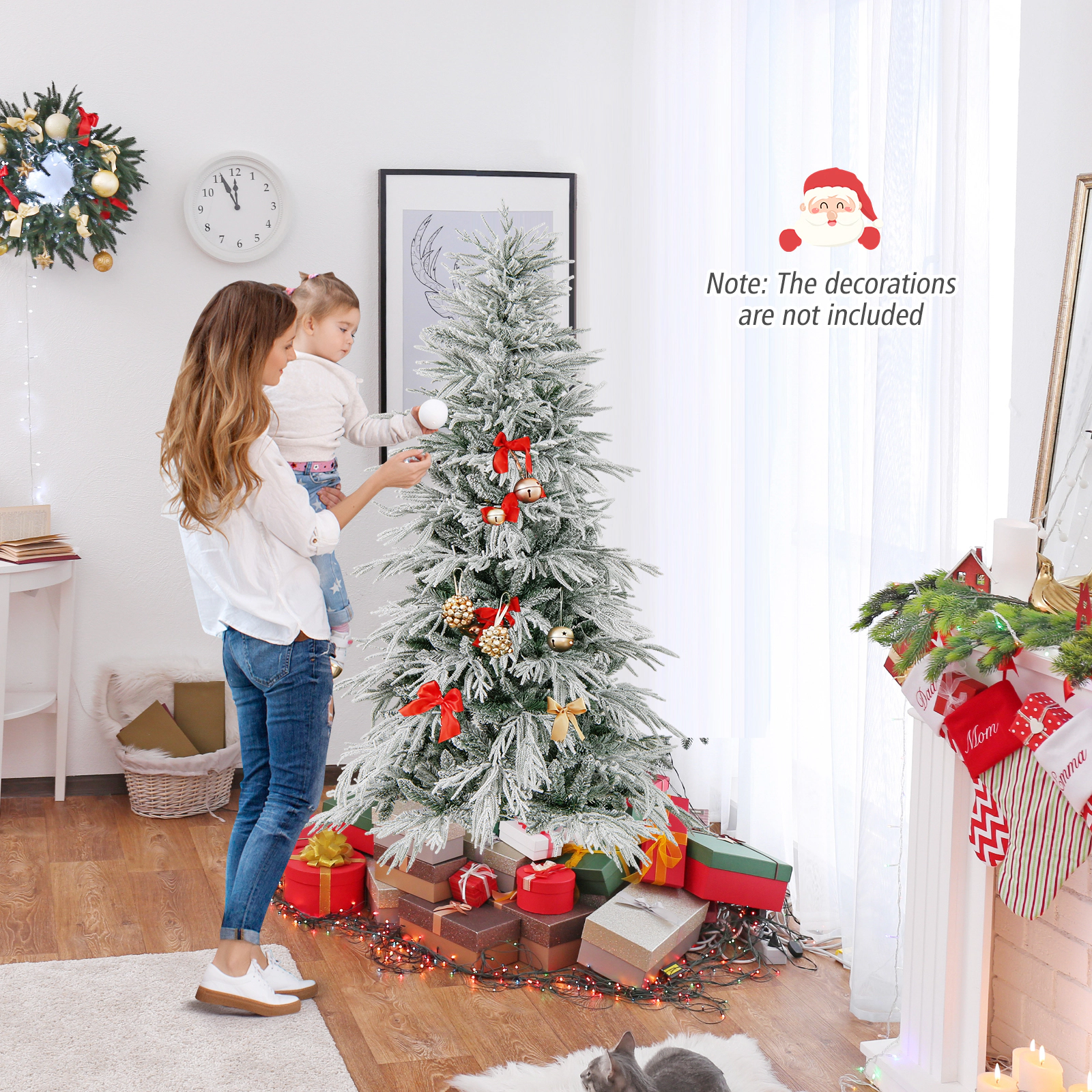 LJG Snow-Flocked Artificial Christmas Tree Pre-Lit Hinged Xmas Tree with Warm White LED Lights