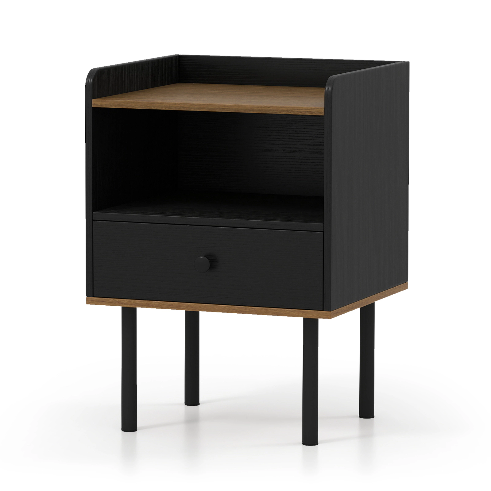 SUGIFT 3-Tier Nightstand with Drawer and Open Storage Shelf 66-lb Tabletop Capacity 16-in Wide Frame Black & Natural