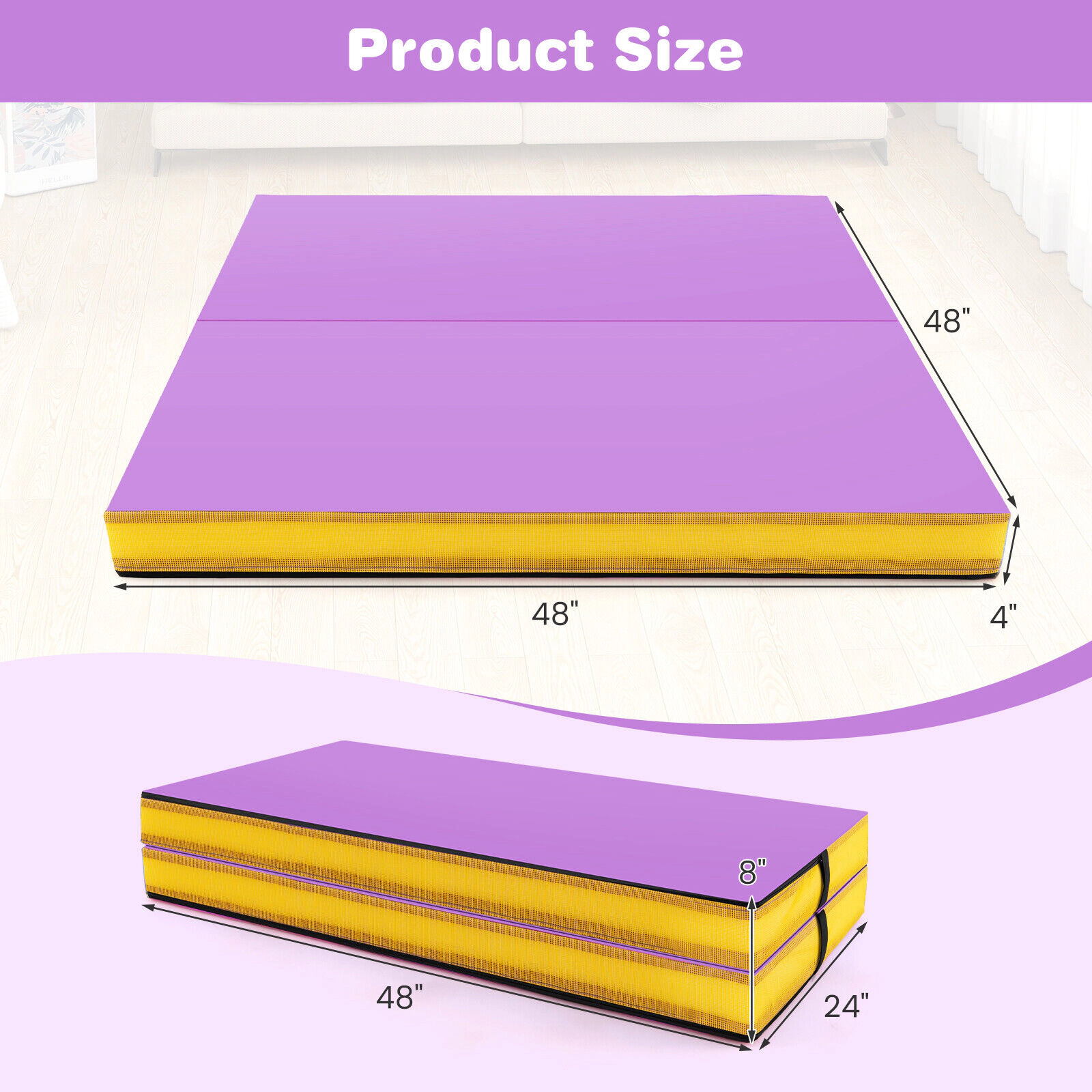 SUGIFT Bi-Folding Gymnastic Tumbling Mat with Handles and Cover 4-in Thick Pink/Purple/Blue