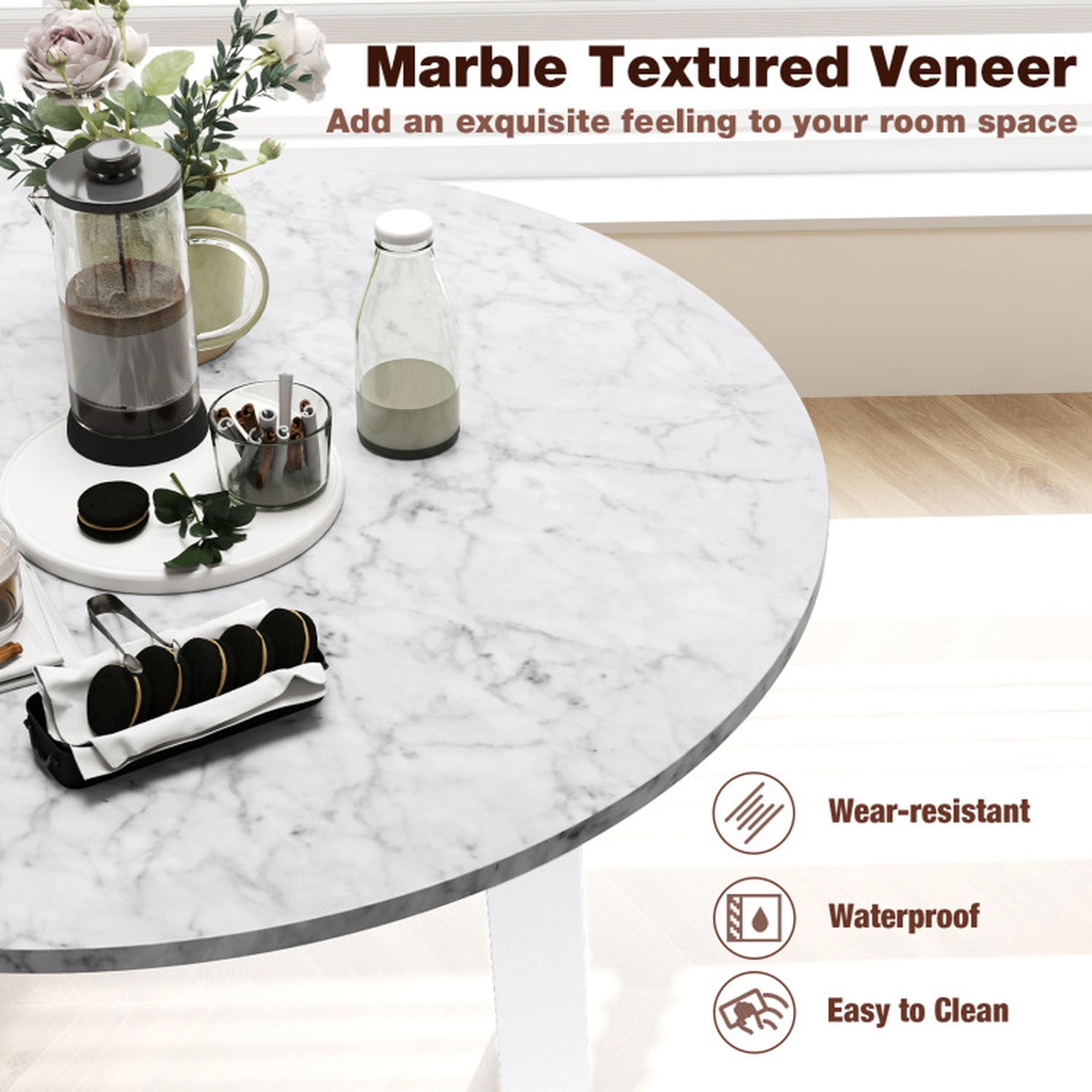 SUGIFT 35-in Round 286-lb Capacity Dining Table with Marble-Textured Veneer Tabletop and Rubber Wood Legs