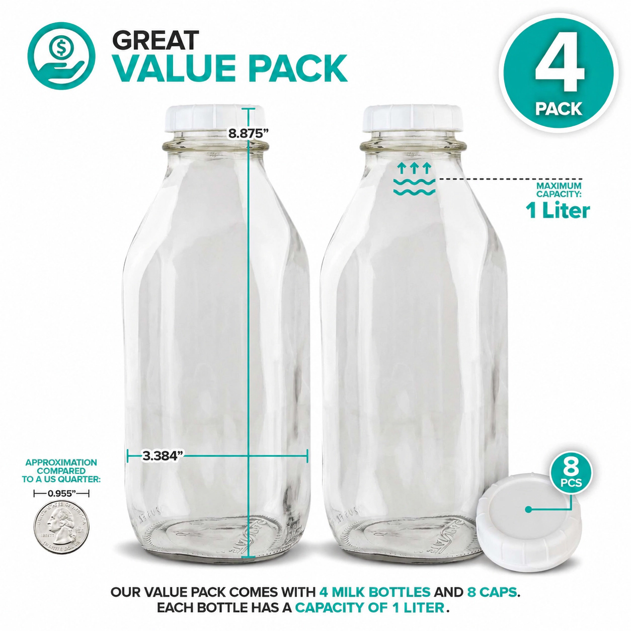 WZK 4-Pack Reusable Food Grade Glass Milk Jugs Storage Containers