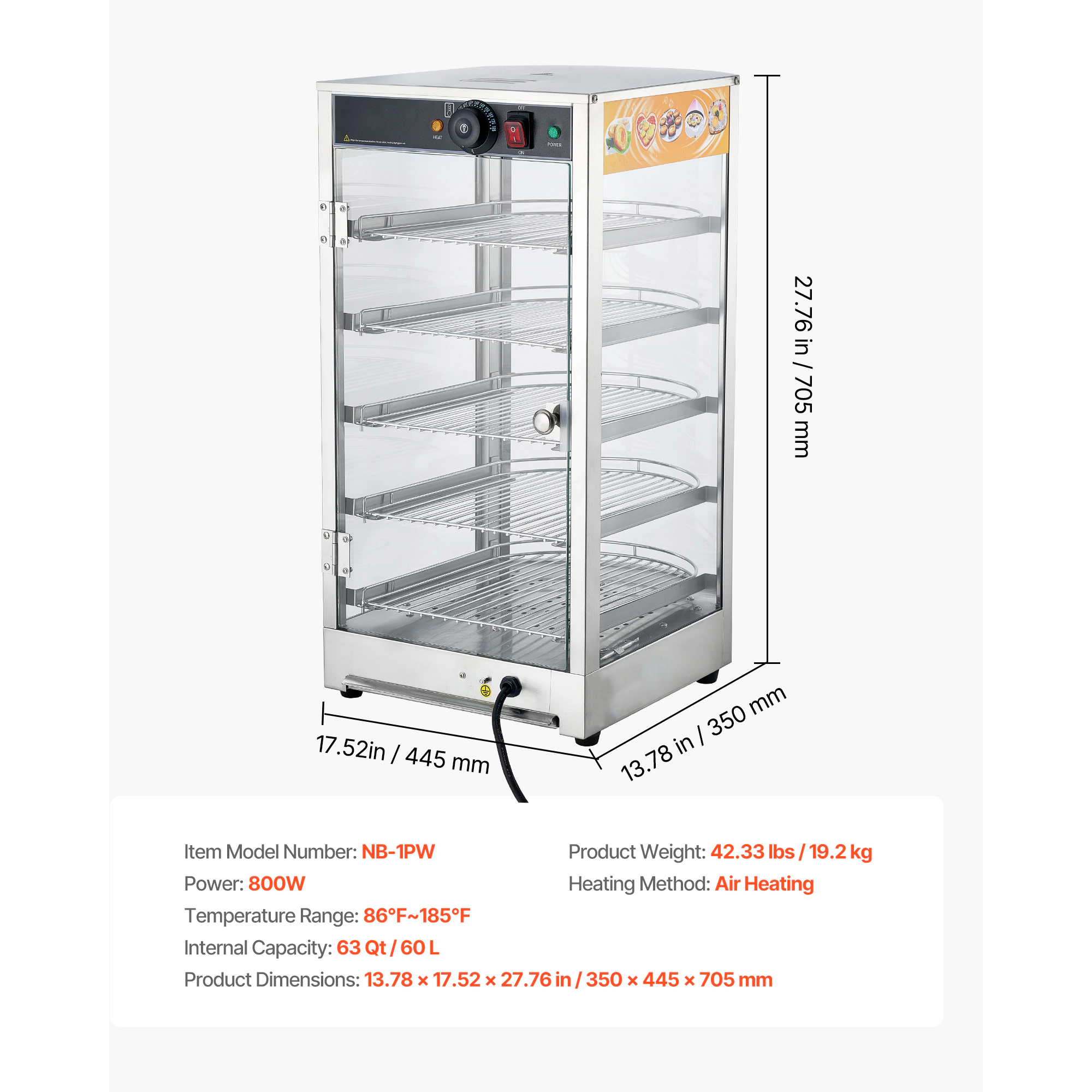 HONGGE Commercial Food Warmer Display 800W Food Display Warmer with LED Light Adjustable Shelf and Stainless Steel