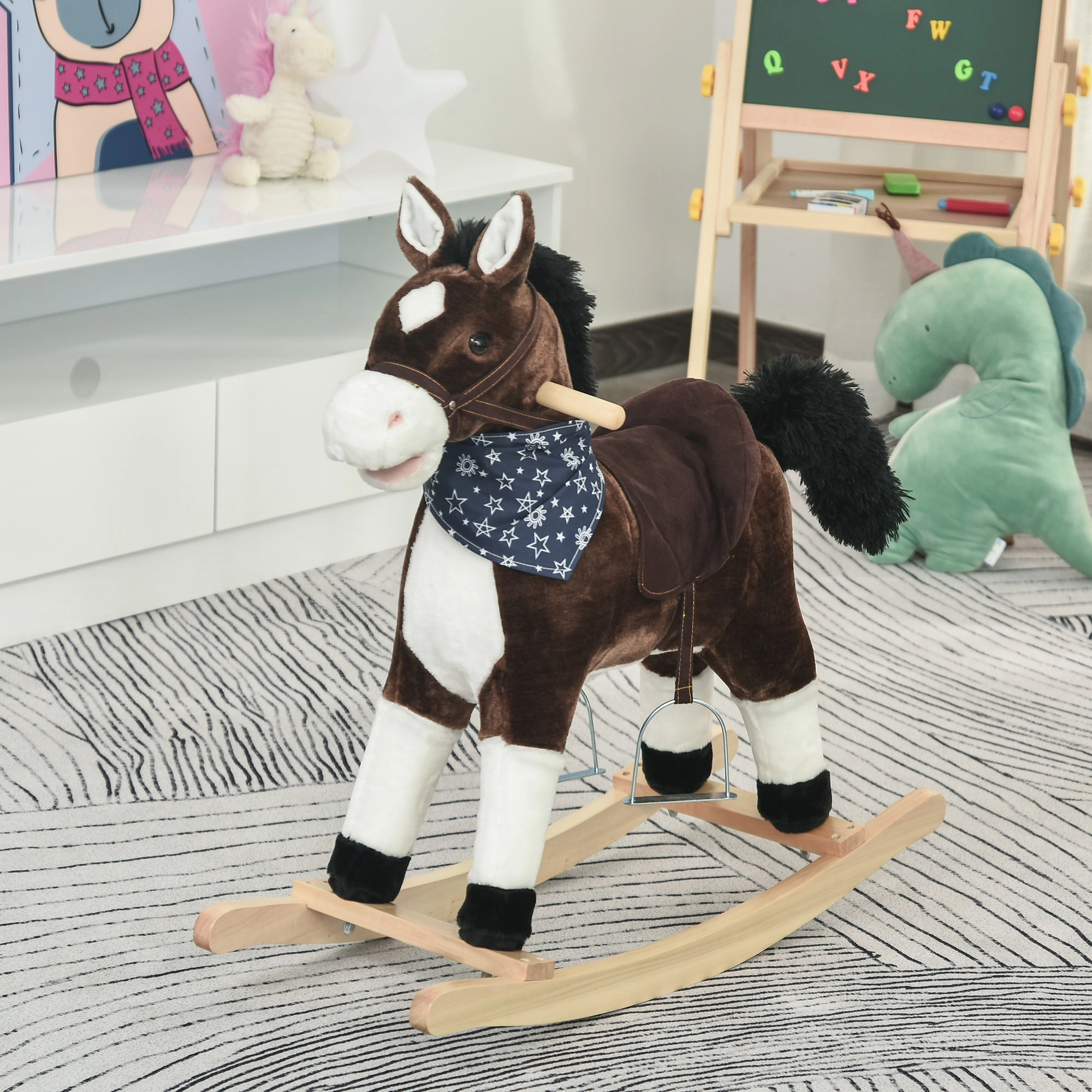 HONGGE Qaba Kids Plush Ride-On Rocking Horse Toy Cowboy Rocker with Fun Realistic Sounds for Child 3-6 Years Old