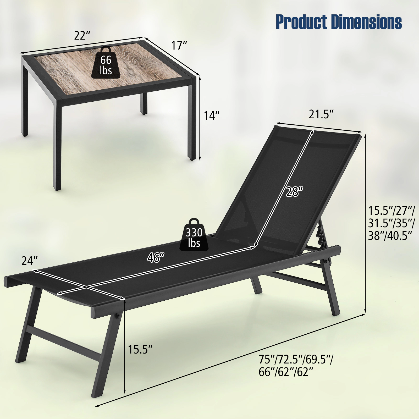 SUGIFT Adjustable Patio Chaise Lounge and Coffee Table Set 330-lb Chair Capacity 66-lb Table Capacity Brown/Navy