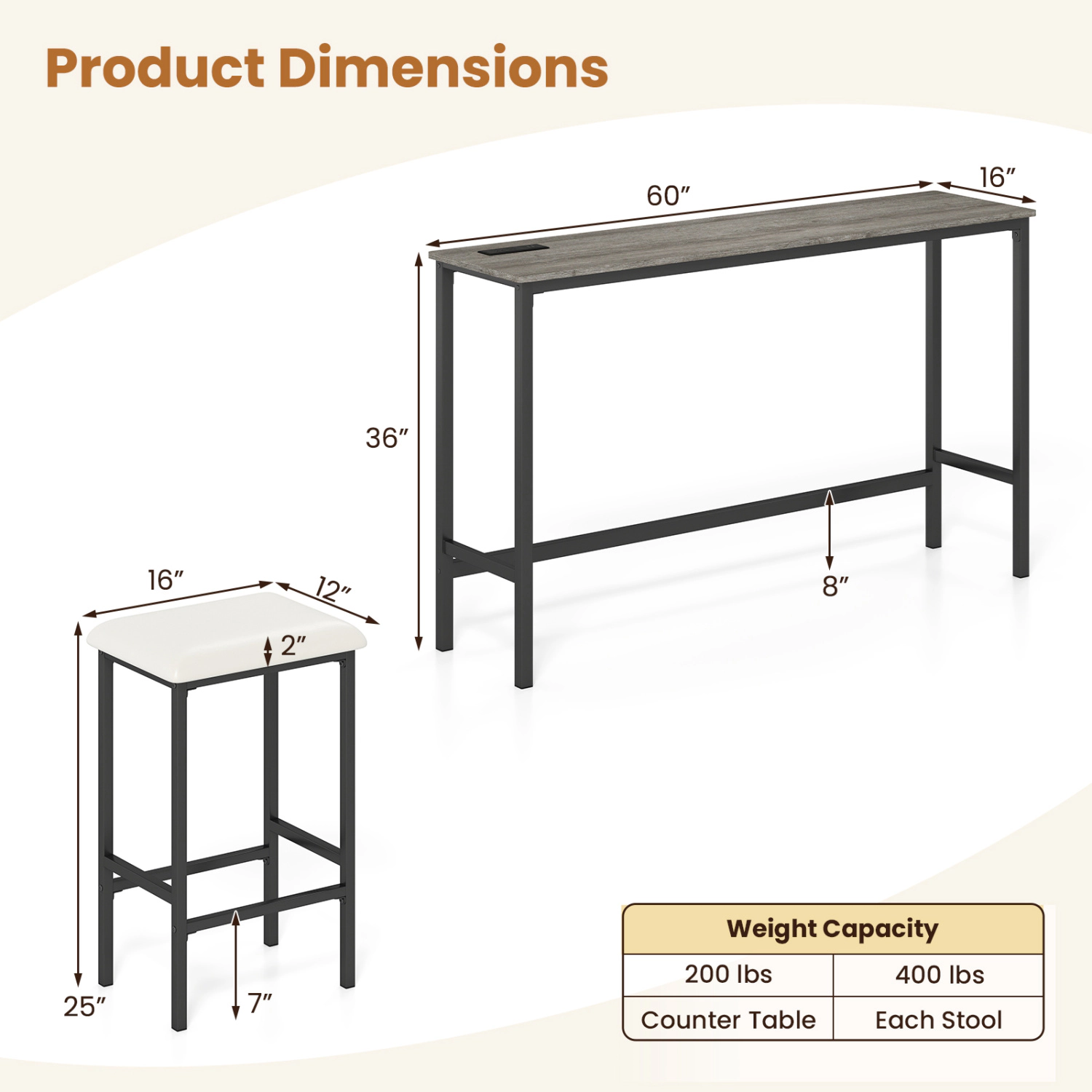 LJG 4 Pieces Counter Height Bar Table with Power Outlet with 3 Padded Stools