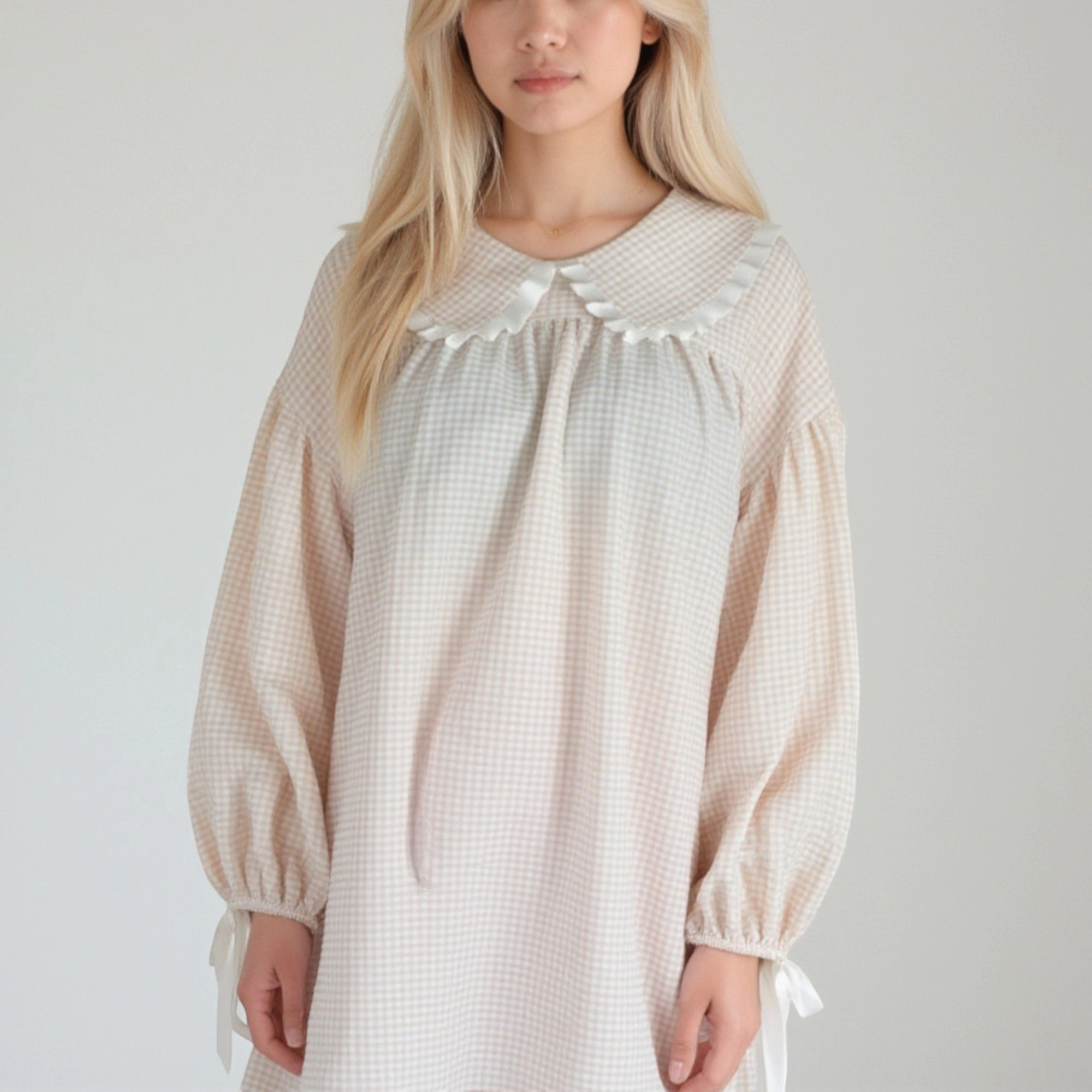 Anna-Kaci Women's Gingham Peter Pan Collar Ribbon Trim Nightgown