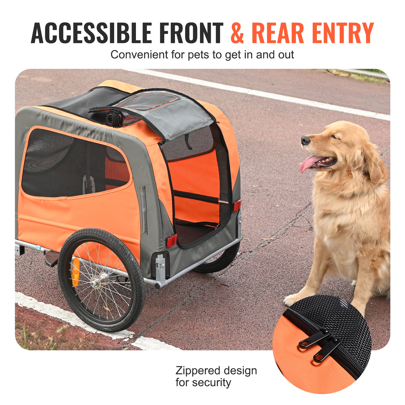 HONGGE Dog Bike Trailer, 66 lb Capacity, Weatherproof Pet Carrier with Mesh Windows, Orange/Gray