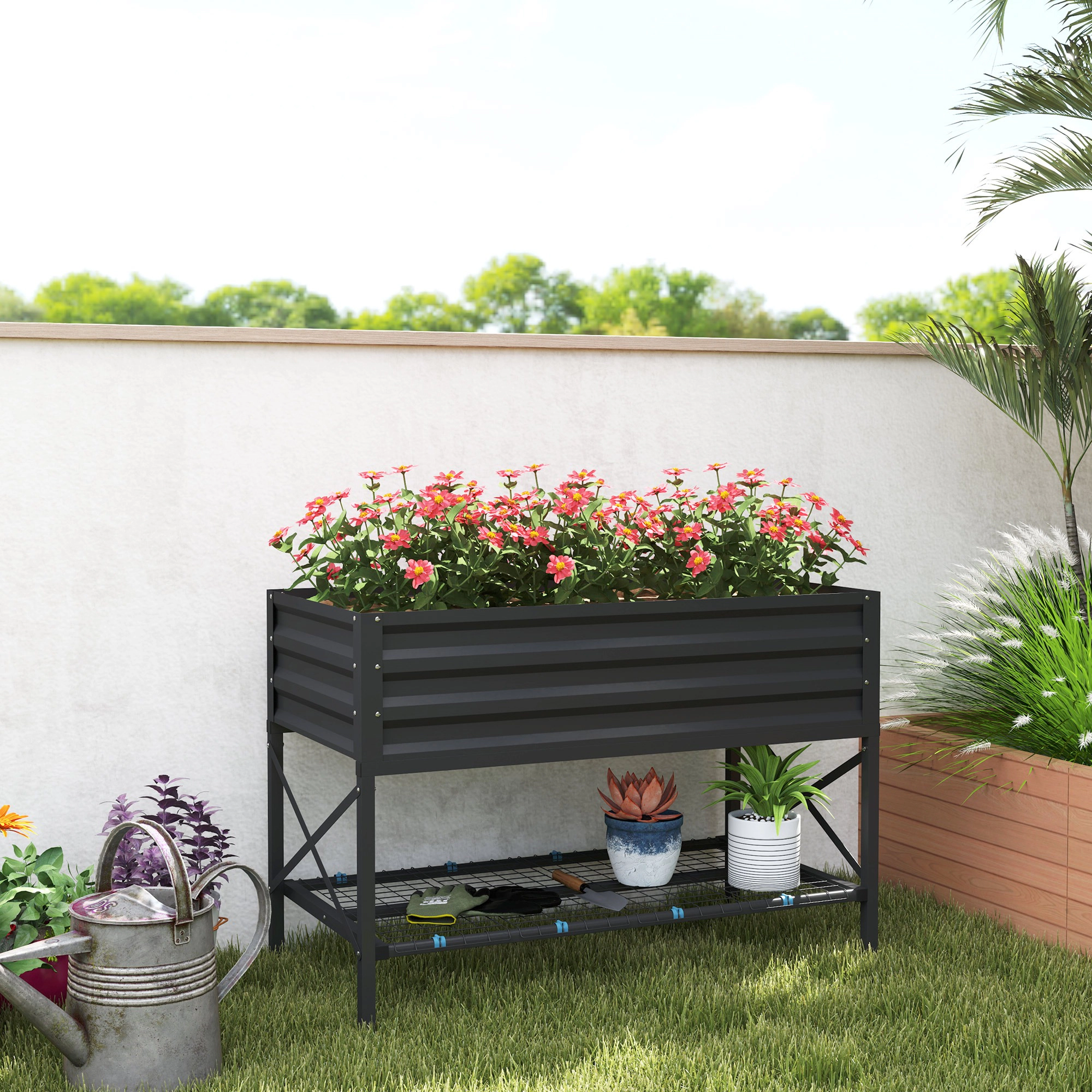 HONGGE Galvanized Raised Garden Bed, Metal Planter Box with Legs, Storage Shelf and Bed Liner