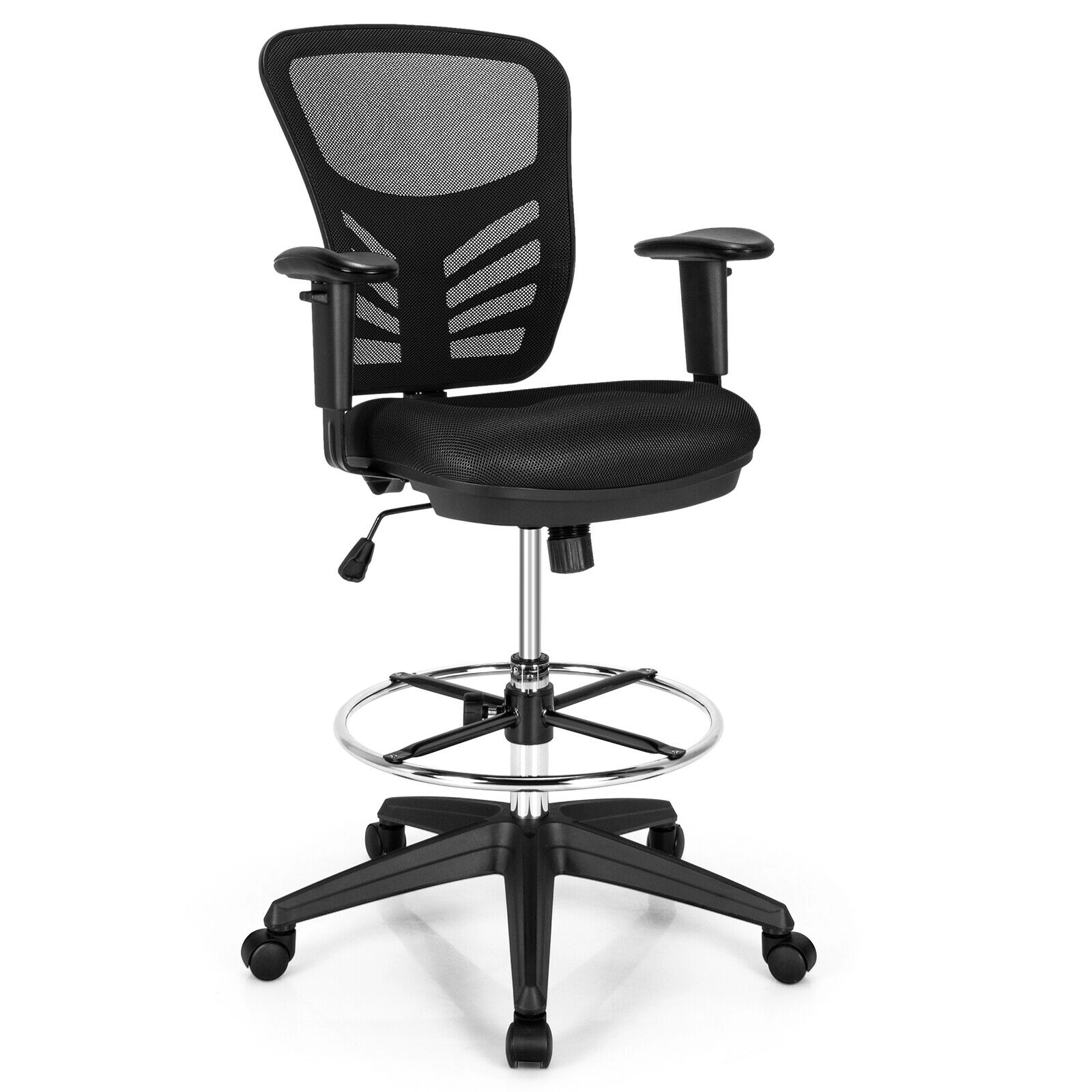 SUGIFT 330-lb Capacity Black Mesh Tall Drafting Chair with Adjustable Armrests and 18-in Footrest Ring