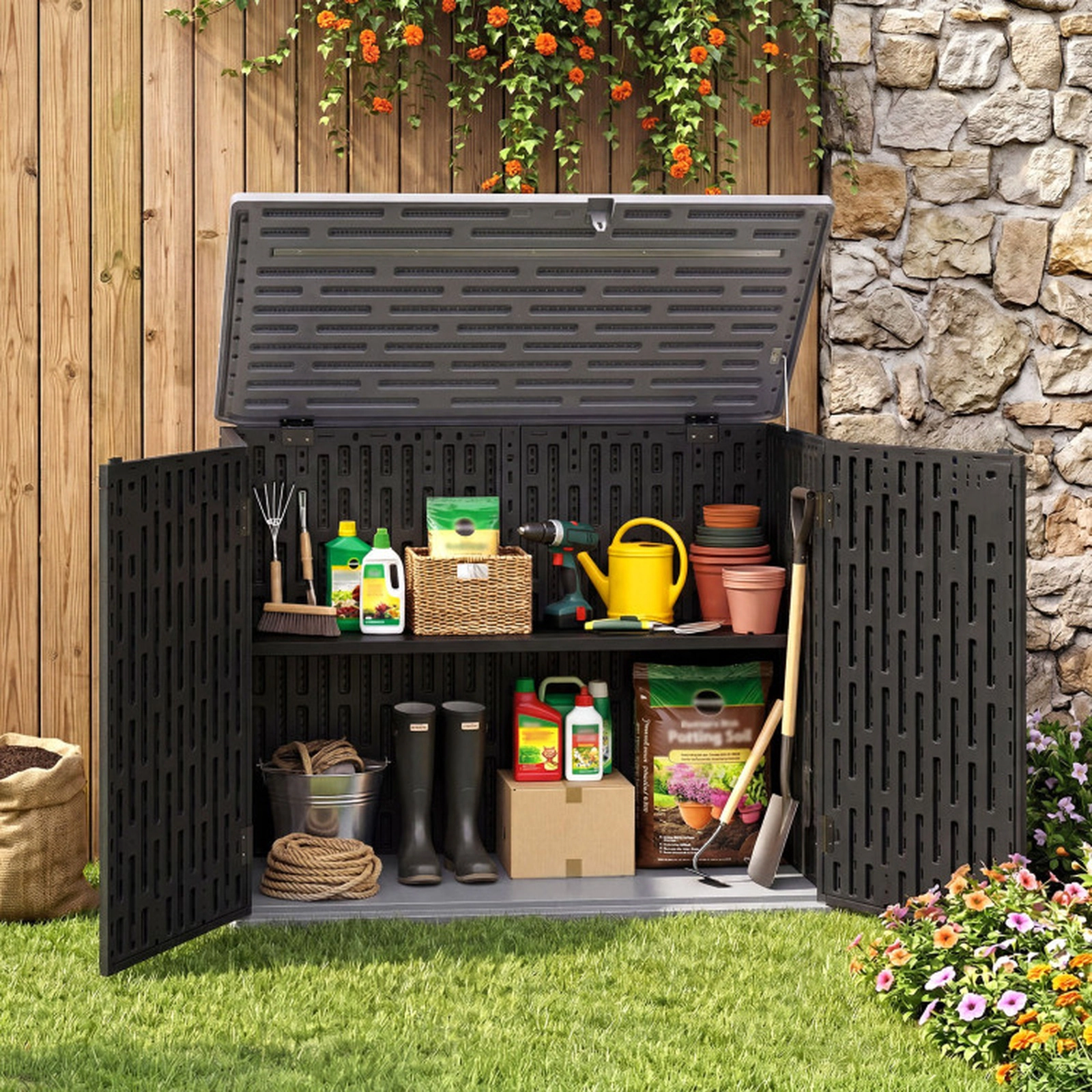 SUGIFT 20-Cu-Ft Lockable 3-Door Resin Horizontal Outdoor Storage Shed 46.5-in x 25-in x 37-in 860-lb Capacity Black