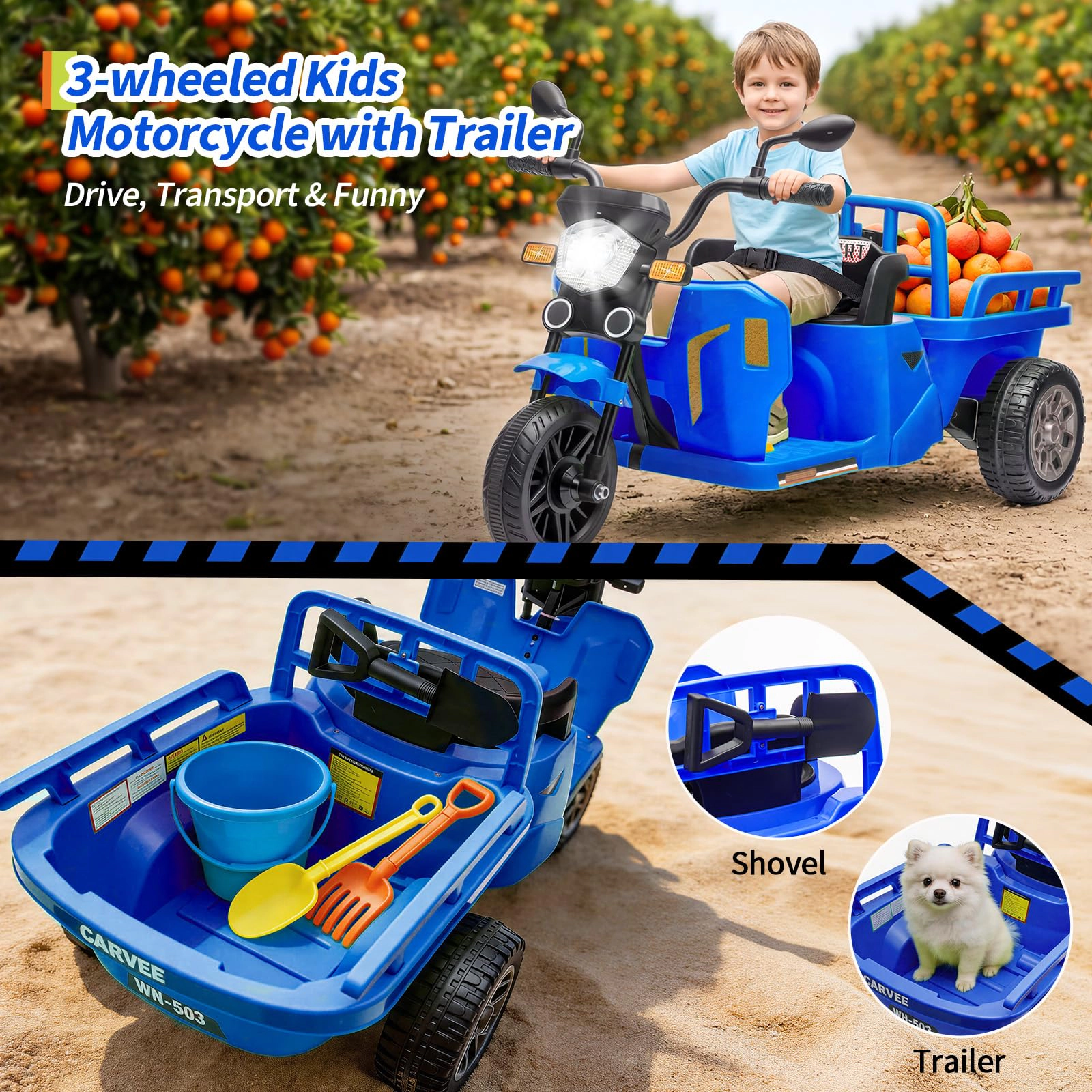12V Kids Ride On Motorcycle Tricycle with Trailer, Bluetooth Music, LED Light & Dual Motors for Ages 3-8