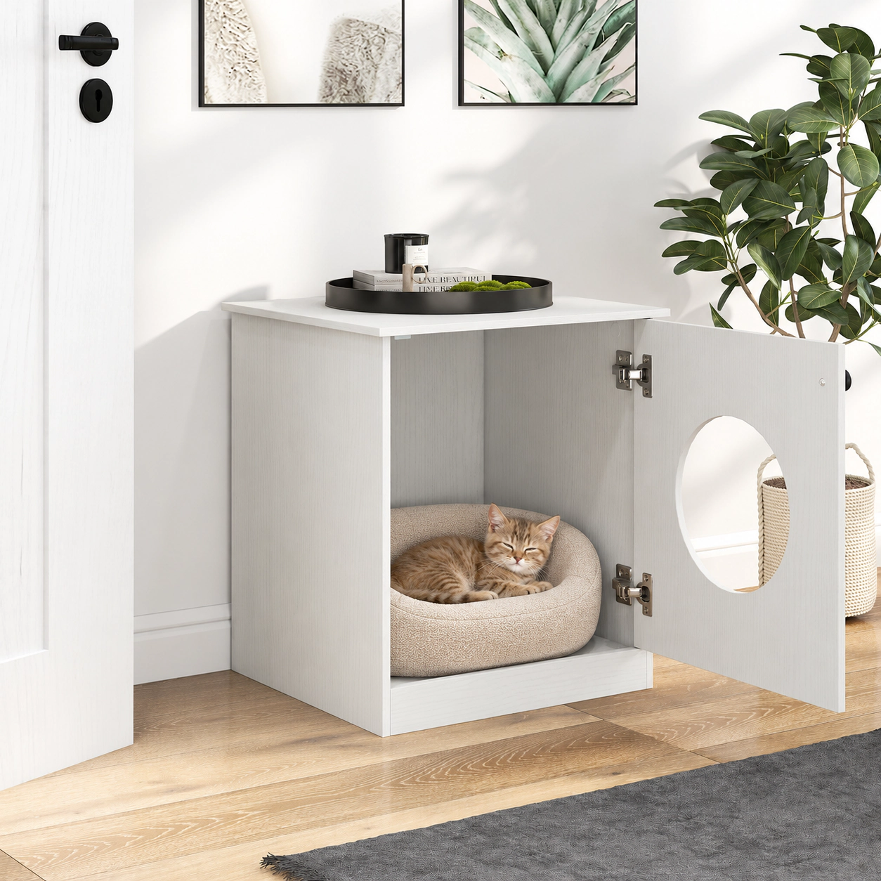 SUGIFT White Cat Litter Box Enclosure with Openable Door 20-in W 18.5-in D 22-in H 110-lb Tabletop Capacity