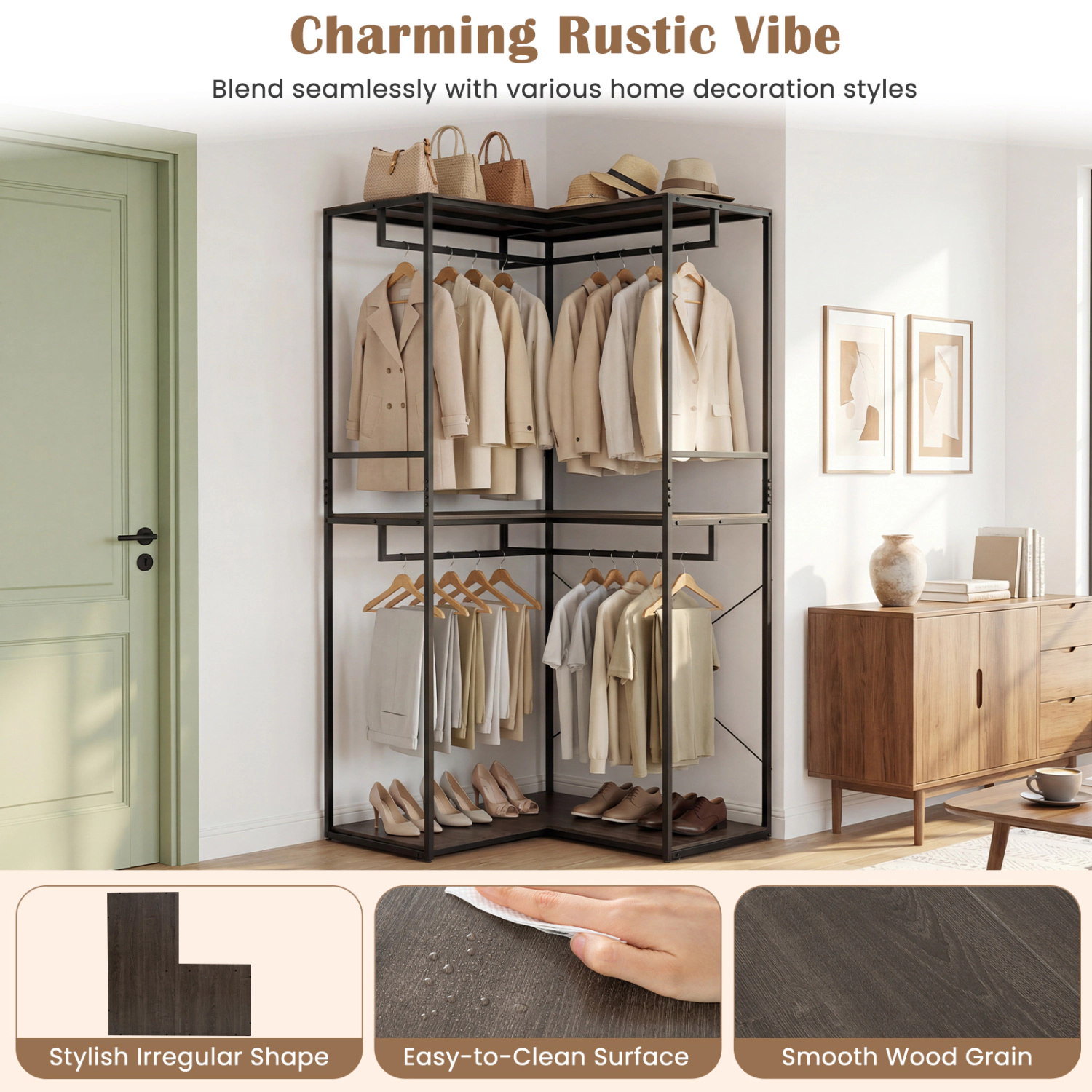 SUGIFT 3-Tier 79-in 375-lb Capacity Black Brown Heavy Duty Clothes Rack with 3 Shelves and 2 Hanging Racks