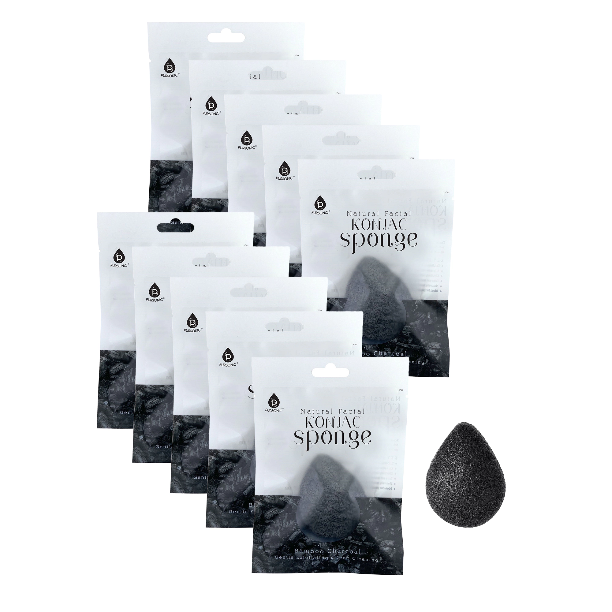 Pursonic Unisex Natural Bamboo Charcoal Konjac Sponge 10-Pack