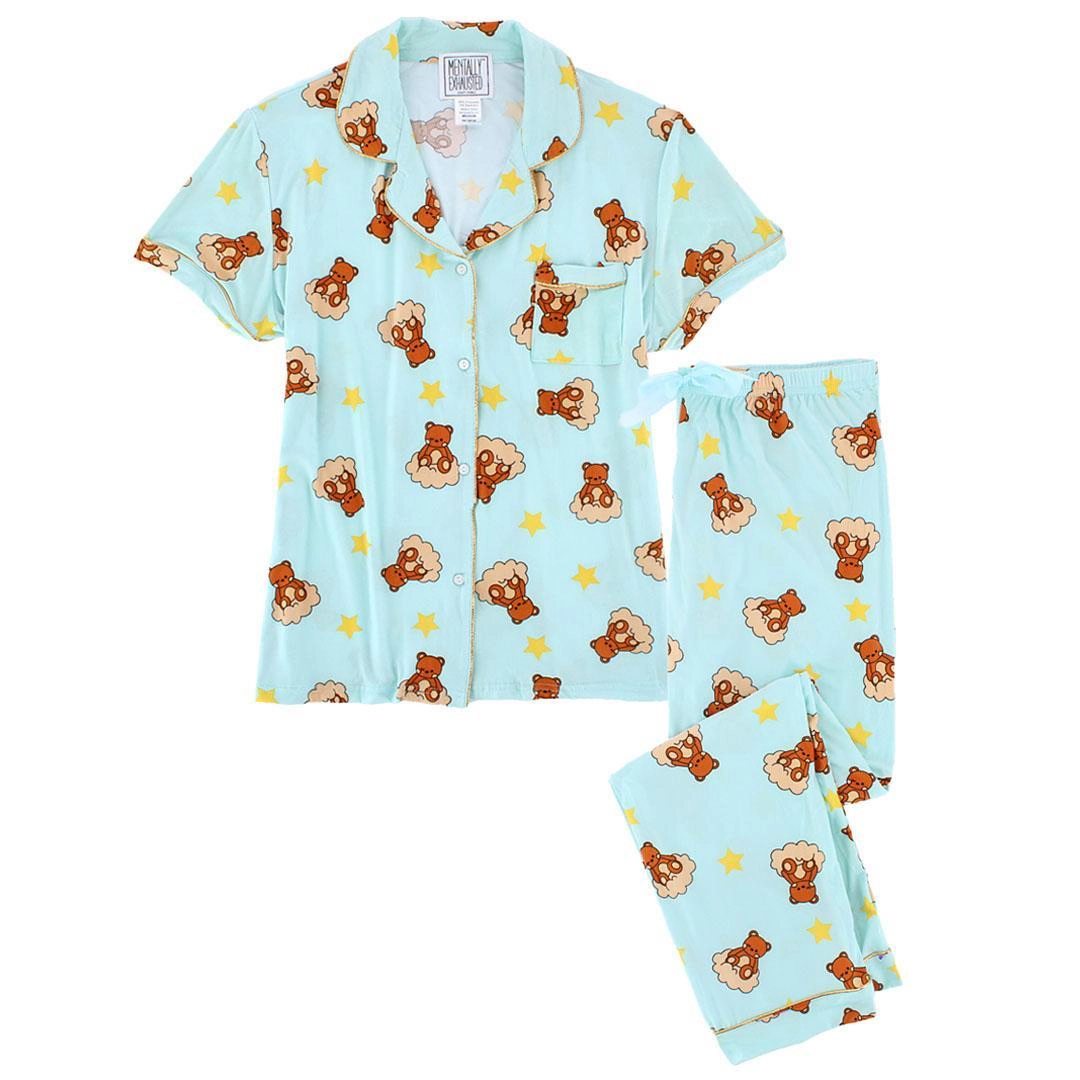 Mentally Exhausted Women's Notch Collar Dreamy Bear Pajama Set