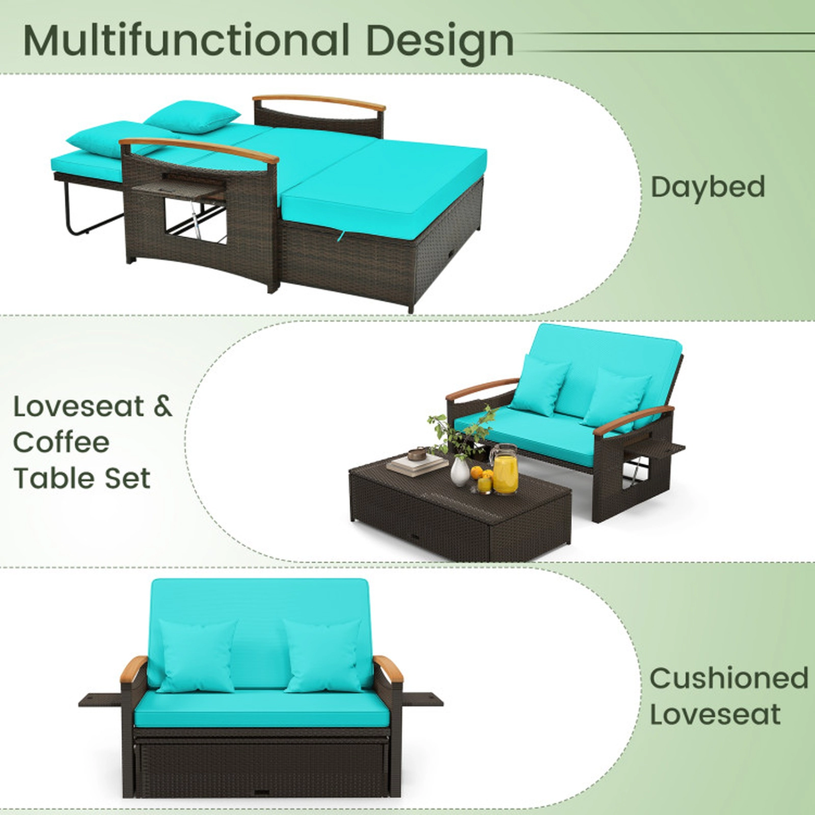 SUGIFT Green PE Rattan Outdoor Daybed Loveseat with Ottoman, 4-Level Backrest, 800-lb Capacity