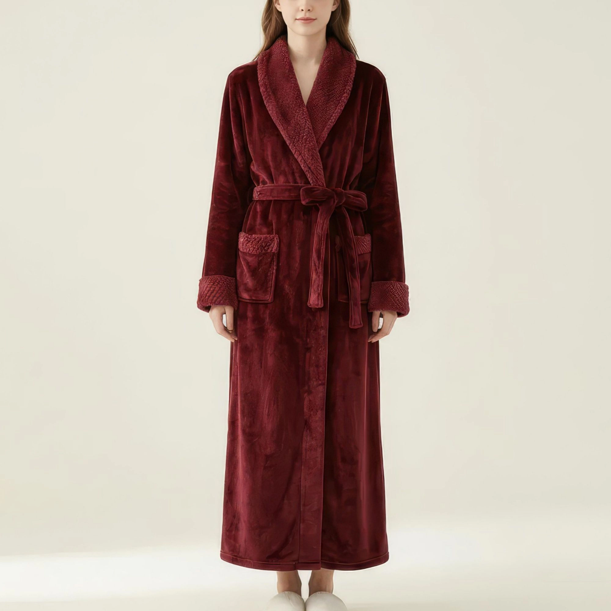 Anna-Kaci Women's Plush Long Robe with Textured Shawl Collar Tie Waist Belt Soft Warm Full Length Bathrobe