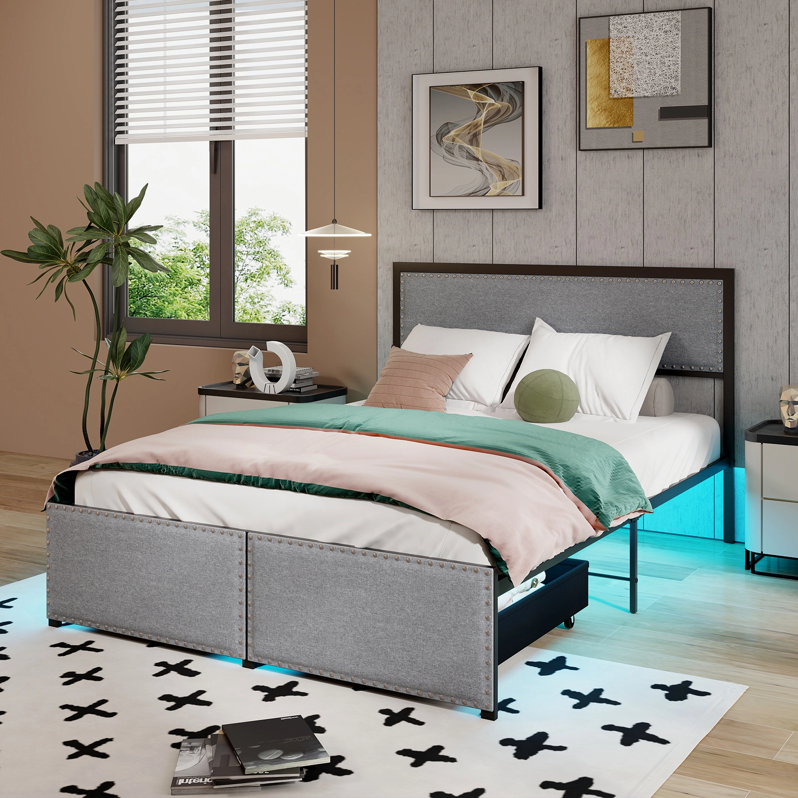 SUGIFT Full Bed Frame with LED Lights, Storage Drawer and Gray Linen Headboard