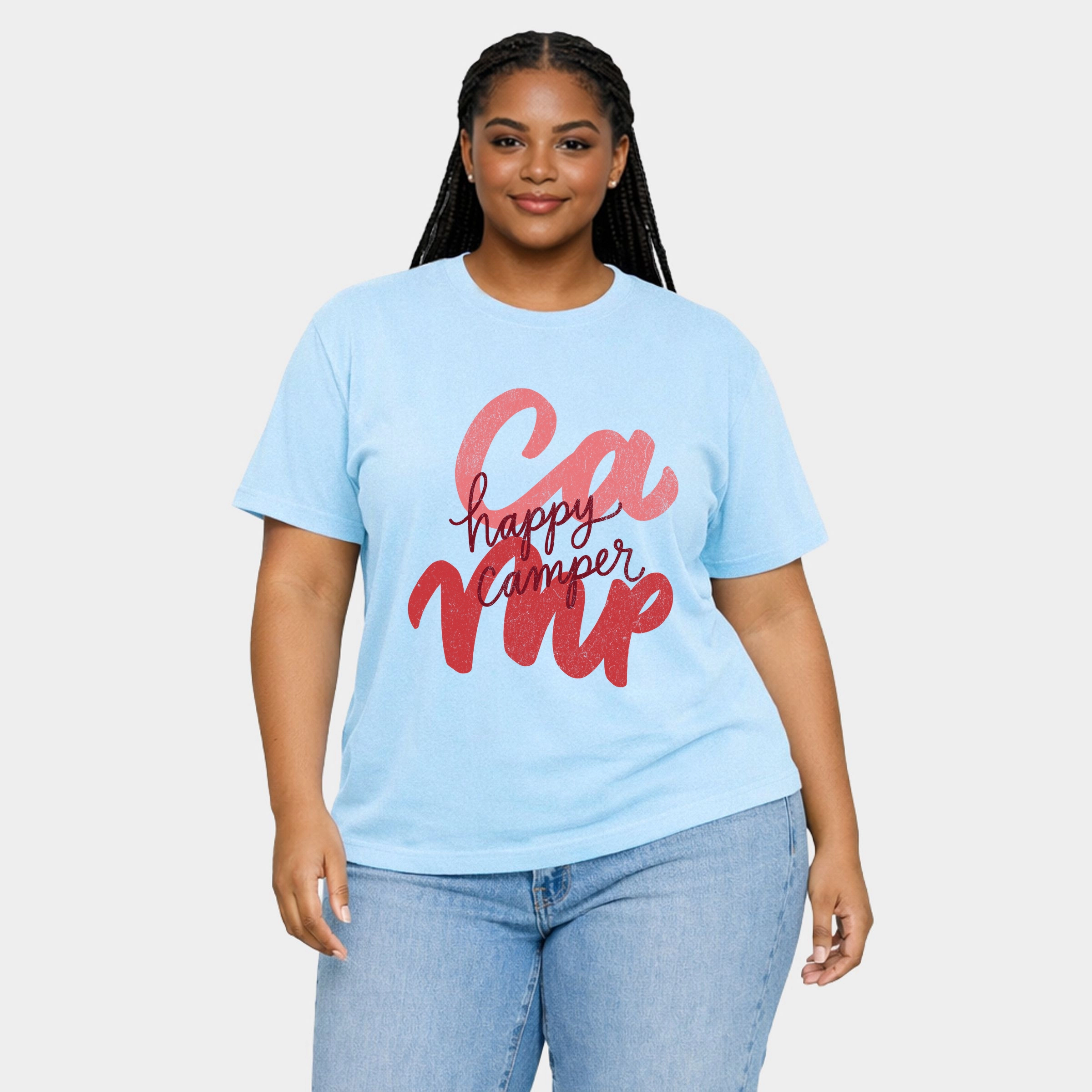 Simply Sage Market - Happy Camper Cursive Women's Plus Sized Garment Dyed Graphic T-Shirt