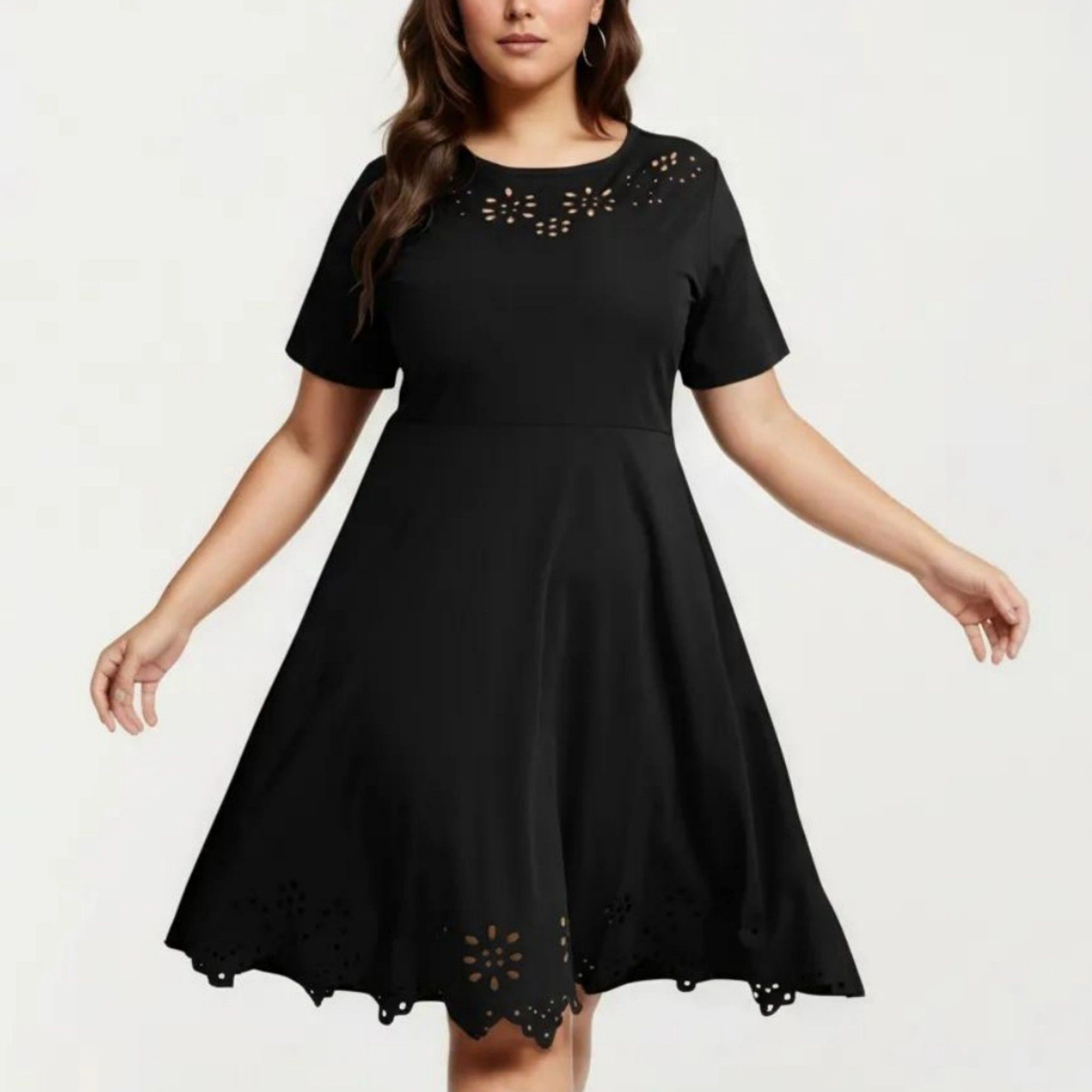 Anna-Kaci Women's Short Sleeve Laser Cut Detail Round Neck A Line Fit Flare Casual Midi Dress