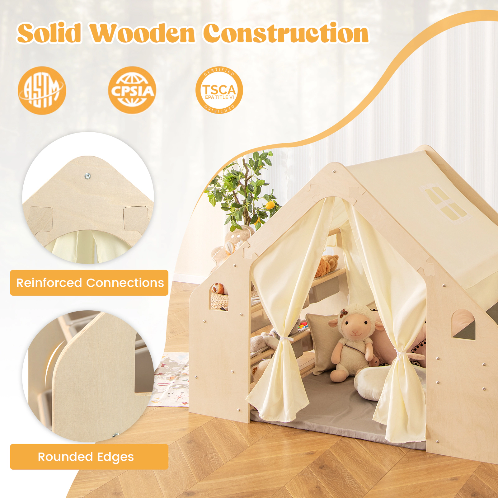 SUGIFT Beige Blackboard 6 Storage Bins Table and Chair 6-in-1 Kids Play Tent Playhouse