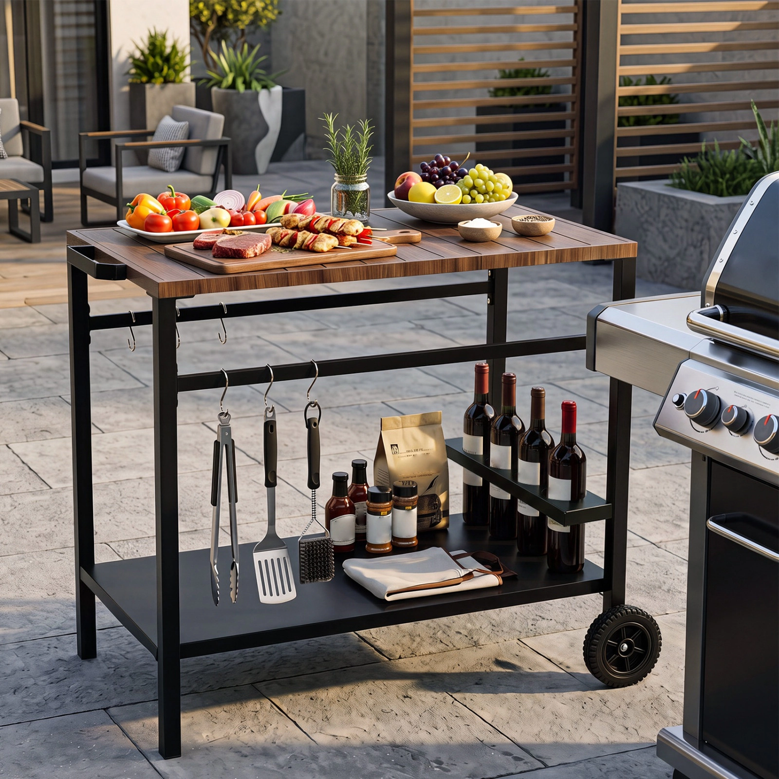 SUGIFT Outdoor Rolling Grill Cart with Spice Rack and Hooks BBQ Prep Table for Patio Garden Backyard