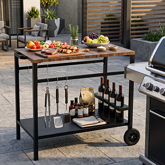 SUGIFT Outdoor Rolling Grill Cart with Spice Rack and Hooks BBQ Prep Table for Patio Garden Backyard