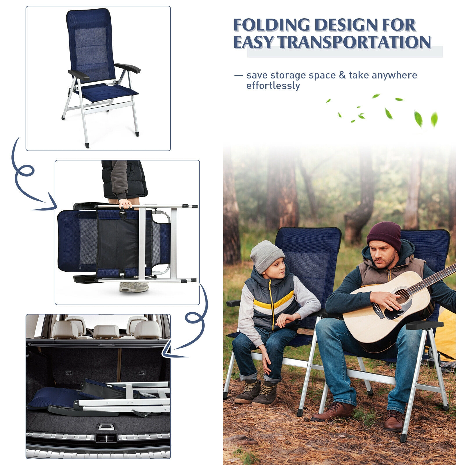 SUGIFT Adjustable Headrest Set of 2 Navy Folding Patio Reclining Chairs 7-Level Backrest
