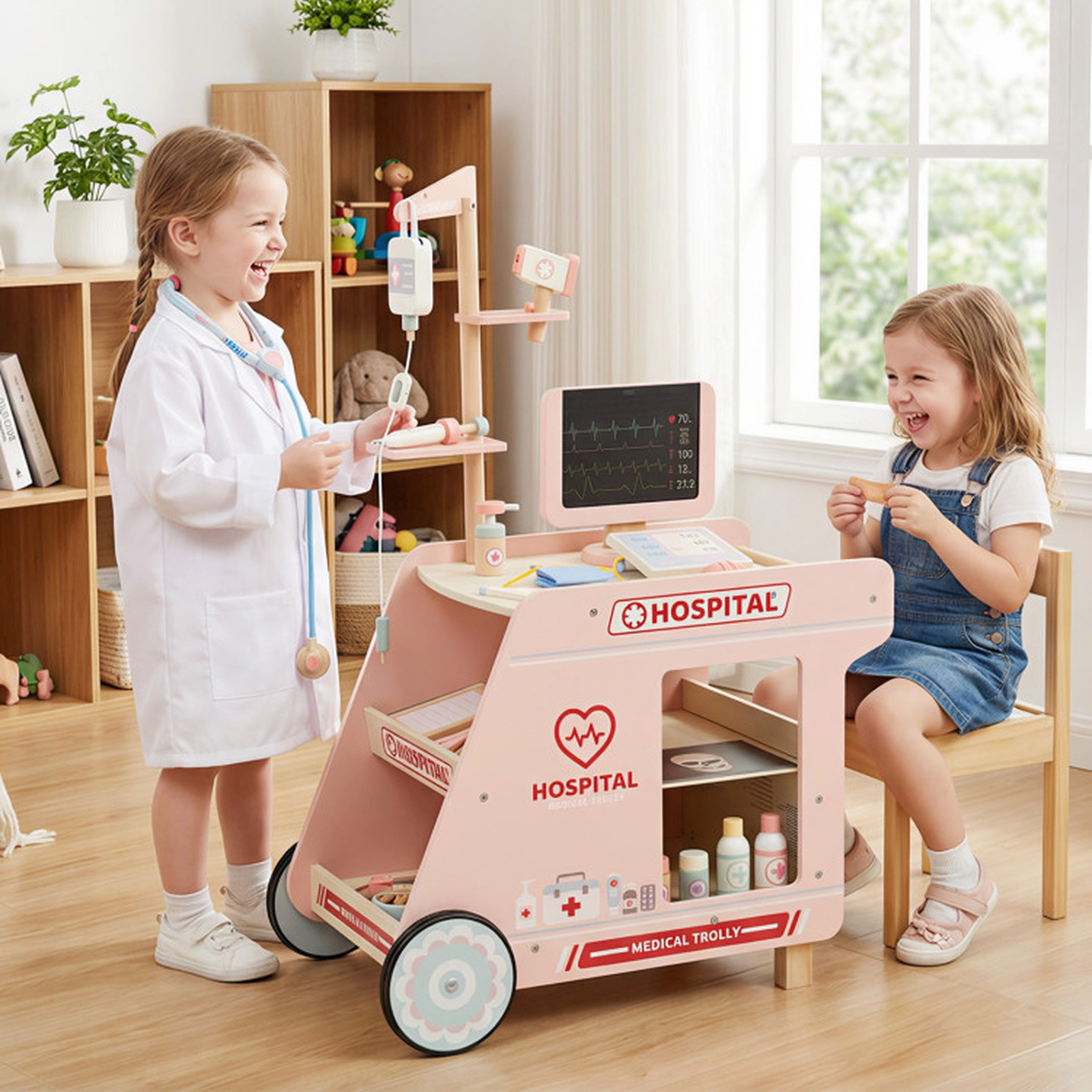SUGIFT Pink Rolling Medical Cart and X-Ray Screen Kids Wooden Doctor Playset