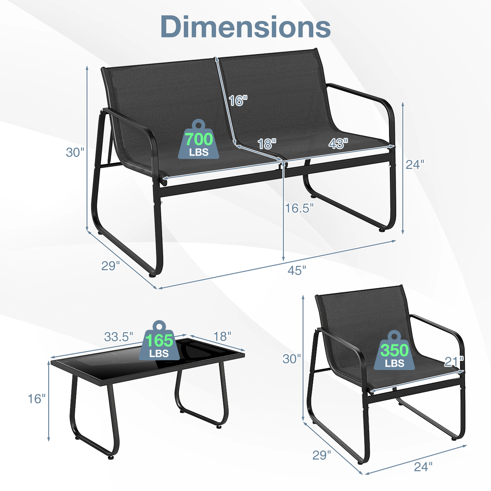 SUGIFT Fabric Lawn Chairs Loveseat and Glass Table 4-Piece Black Patio Furniture Set