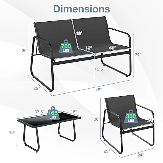 SUGIFT Fabric Lawn Chairs Loveseat and Glass Table 4-Piece Black Patio Furniture Set