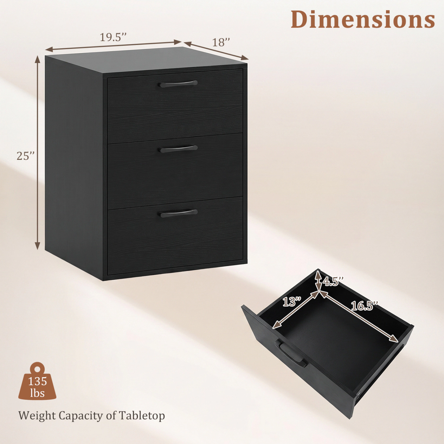 LJG 3 Drawer Nightstand with Wood Grain Finish and Storage for Living Room Bedroom Study