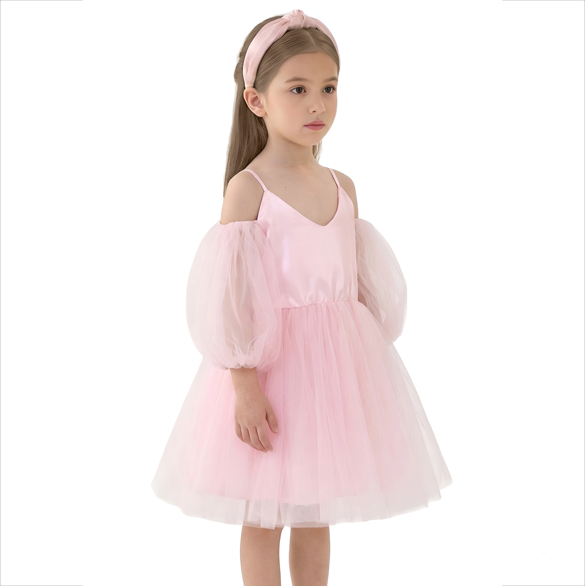 2Bunnies Girls' 3T-8Y Sheer Puff Sleeve Off-Shoulder Tulle Party Flower Girl Dress