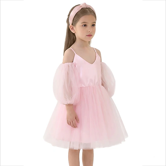 2Bunnies Girls' 3T-8Y Sheer Puff Sleeve Off-Shoulder Tulle Party Flower Girl Dress