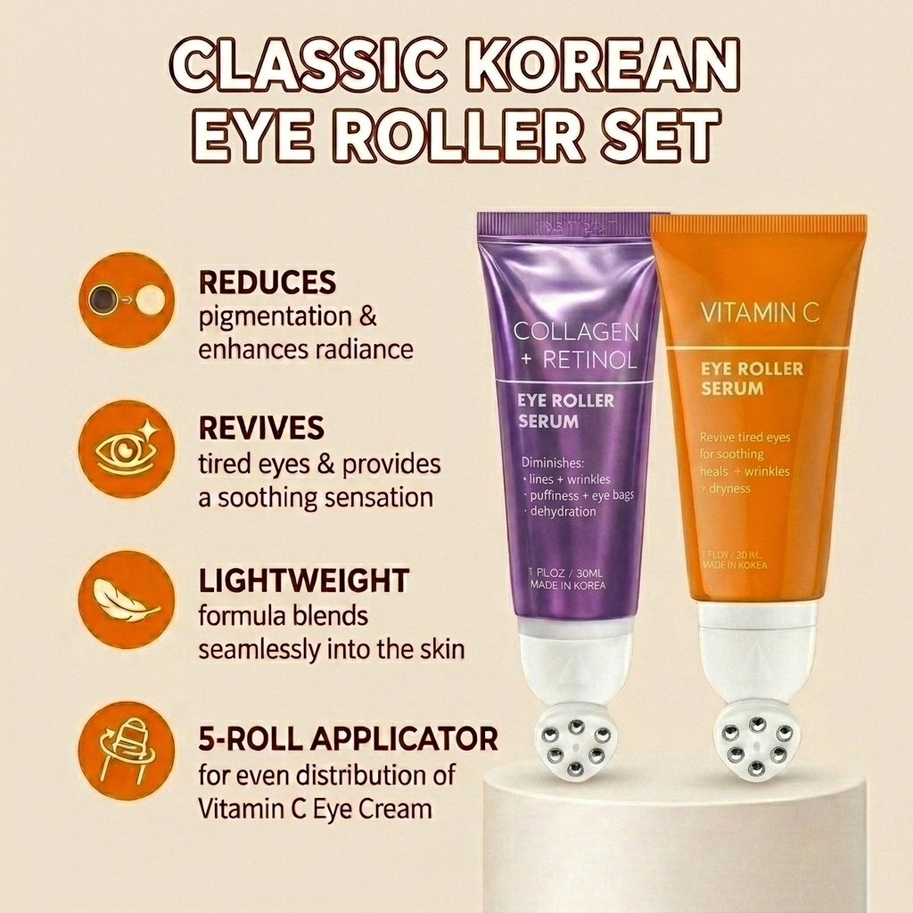 Lovery Korean Skincare Eye Roller Serum Duo - Collagen + Retinol & Vitamin C Brightening  Under Eye Treatment Set