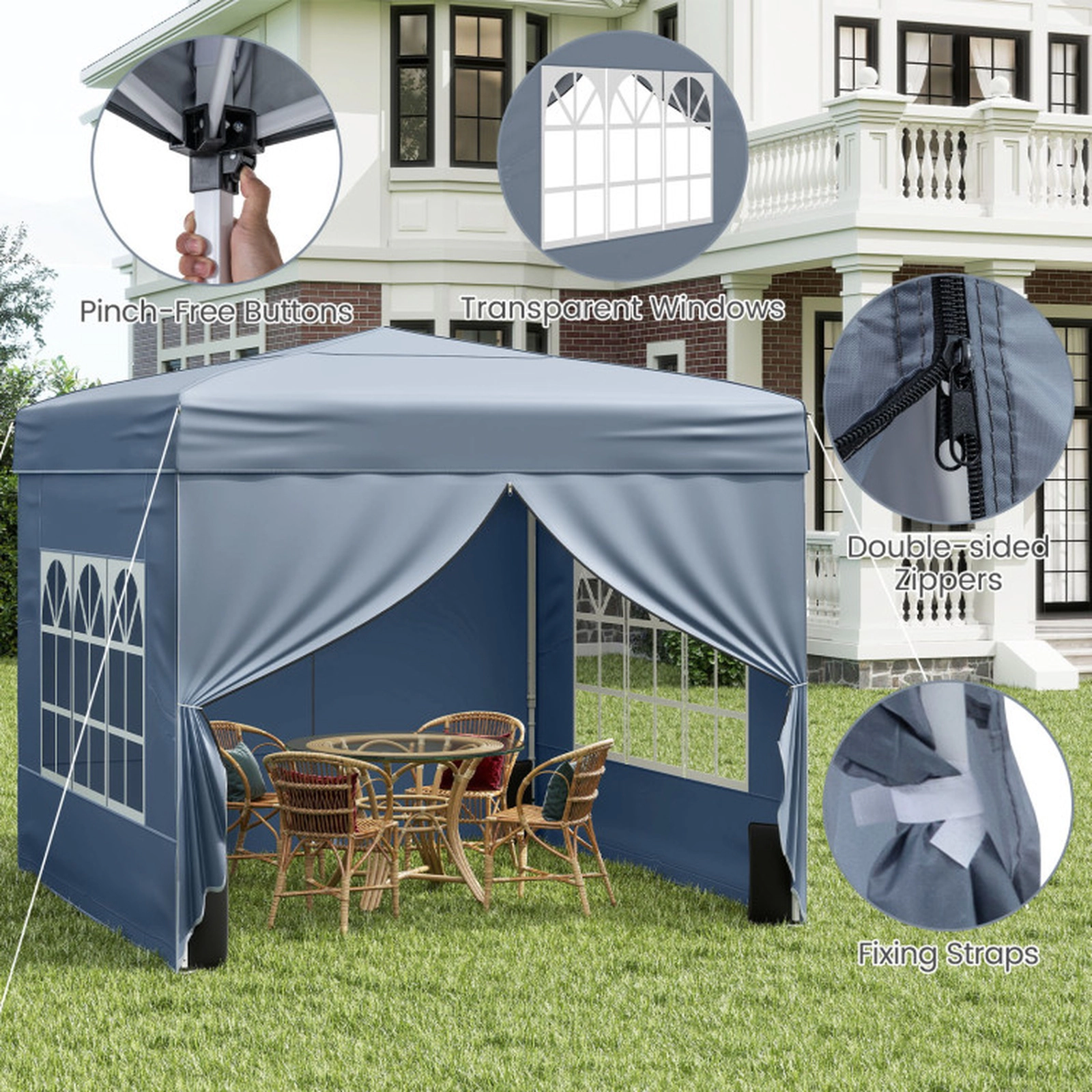 SUGIFT Gray 10-ft by 10-ft 3-Level UPF50+ Carbon Steel Pop Up Canopy Tent with 4 Sidewalls and Windows